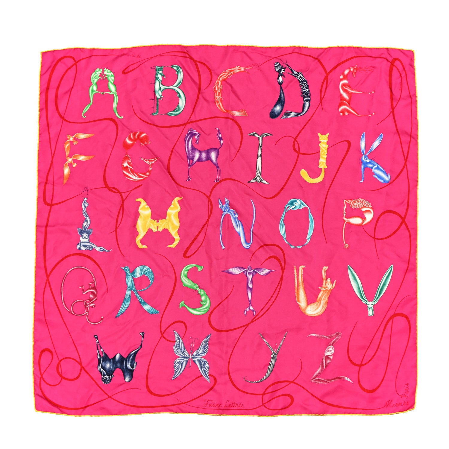 Hermes Silk Faune Lettree Scarf 90 Rose Indien Rouge Jaune Vif 1 of 4