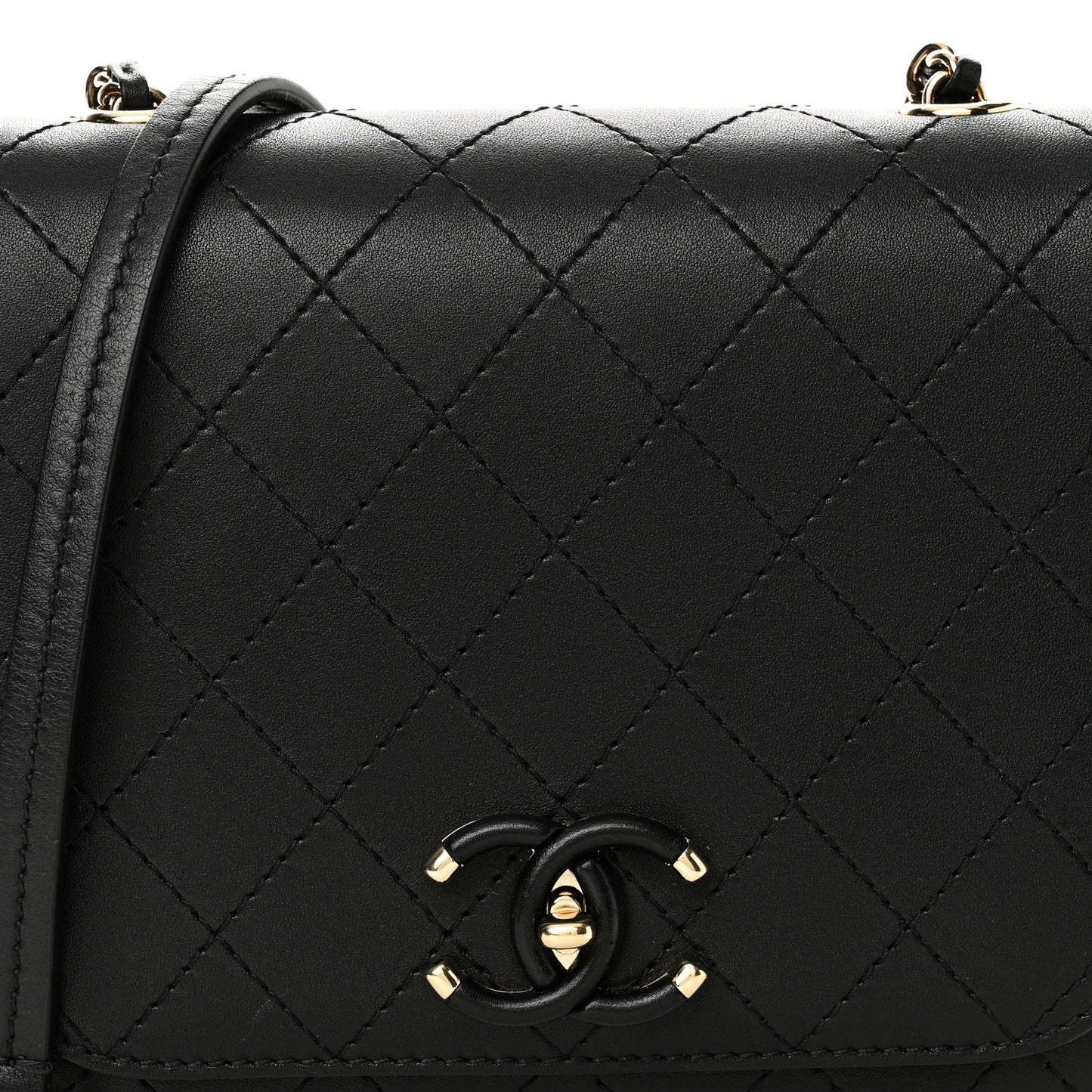 Calfskin Stitched Small Covered CC Flap Bag Black