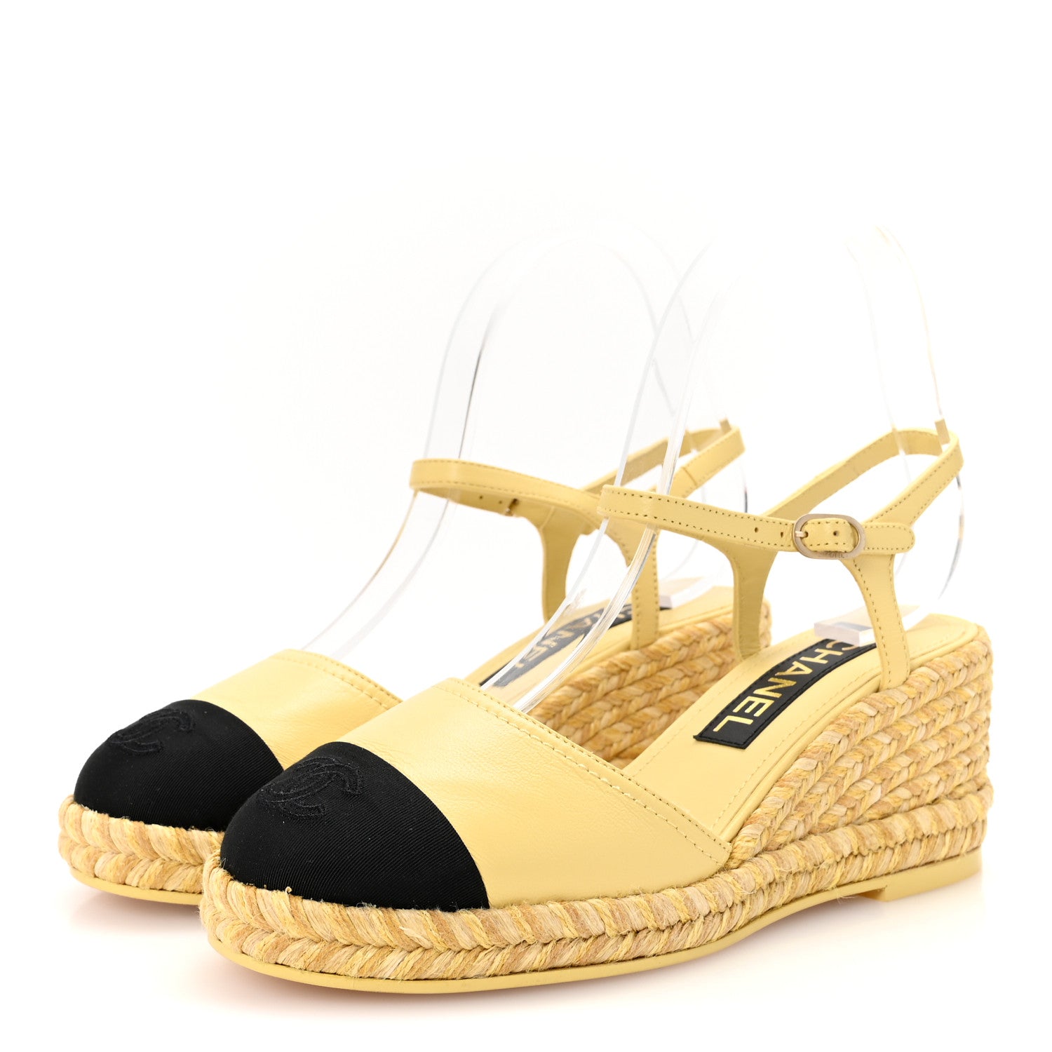 Chanel Lambskin Grosgrain CC Espadrilles Wedges 37 Yellow Black 4 of 10