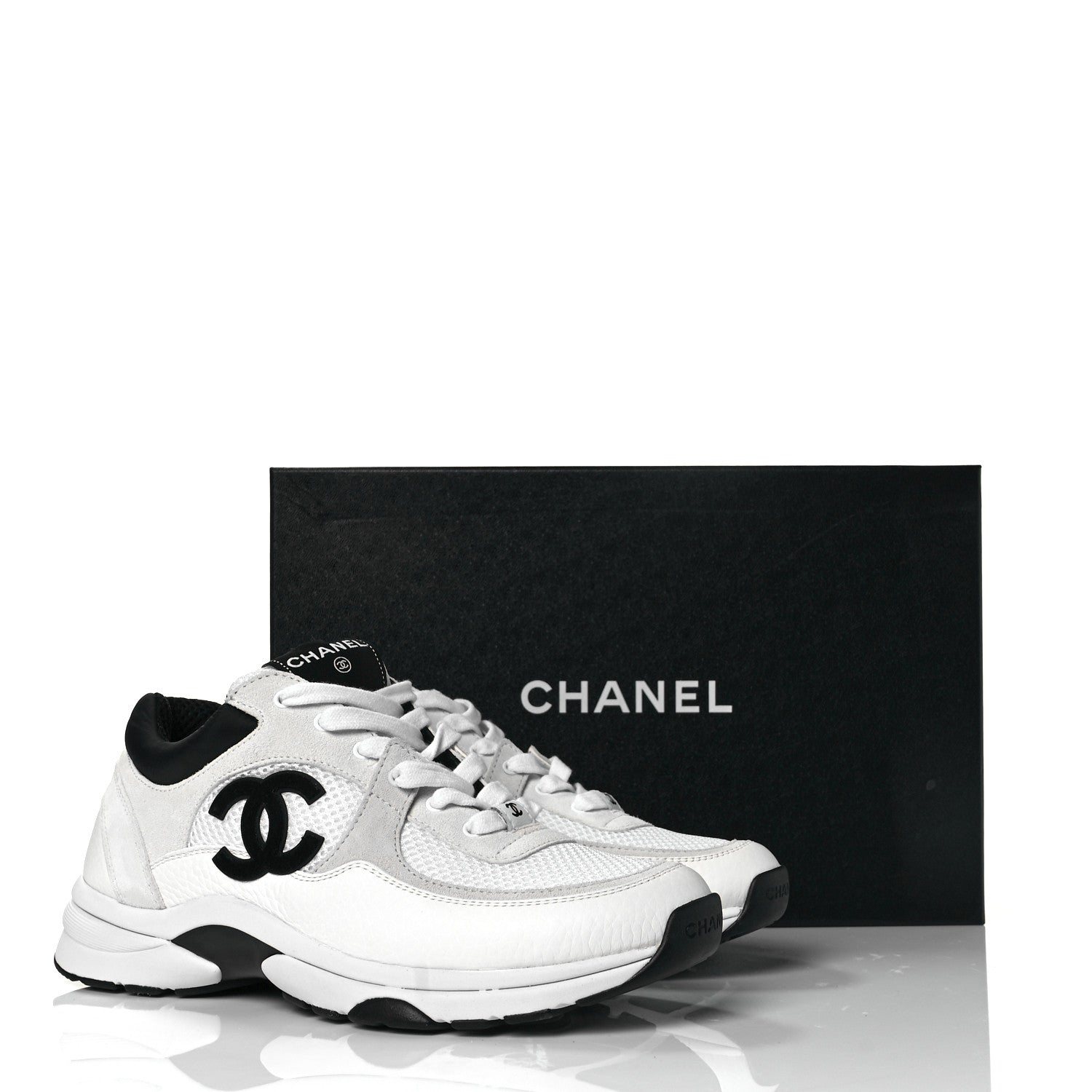 Chanel Mesh Suede Calfskin Grained Calfskin Womens CC Sneakers 39 White Black 8 of 8