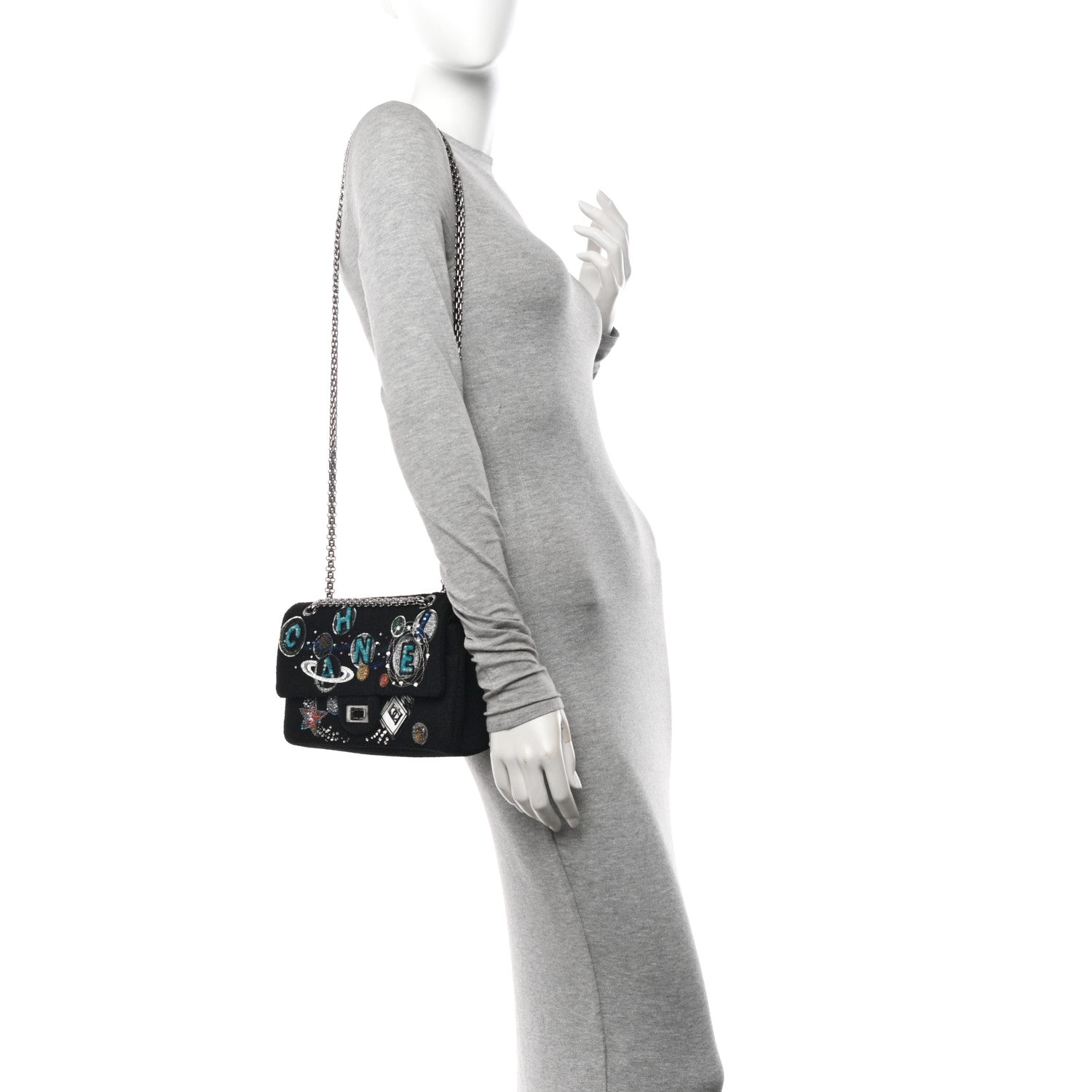 Chanel Boucle Tweed Crystal Bead Embellished Space Charms 2.55 Reissue 225 Flap Black Multicolor 2 of 10