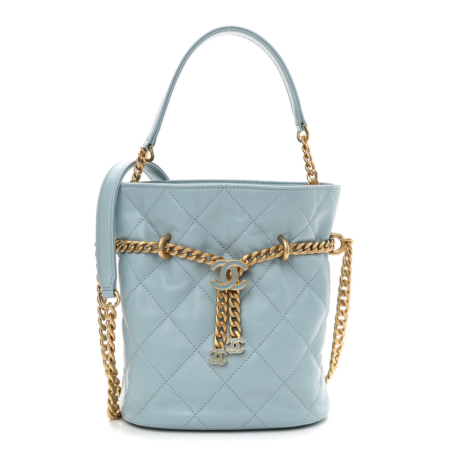 Lambskin Enamel Quilted Pending CC Mini Bucket Bag Light Blue
