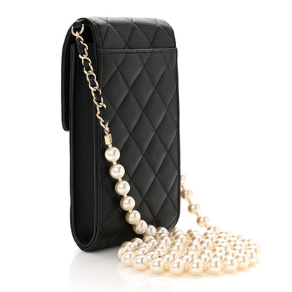 Chanel Lambskin Quilted Pearl Phone Holder With Chain Black 3 of 11