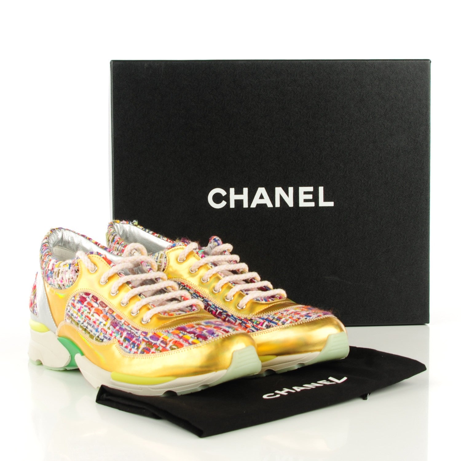 Chanel Tweed Lambskin Runway Sneakers 39.5 Gold 6 of 8