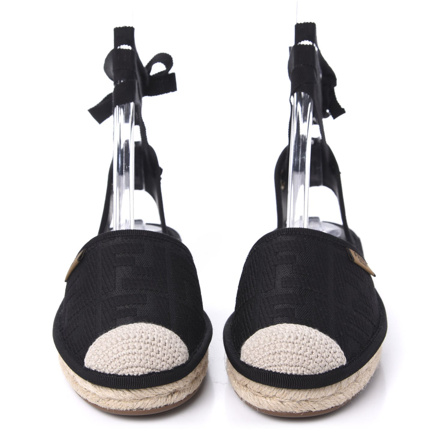 Canvas FF Embroidered Roma Ankle Wrap Flat Espadrilles 37.5 Black