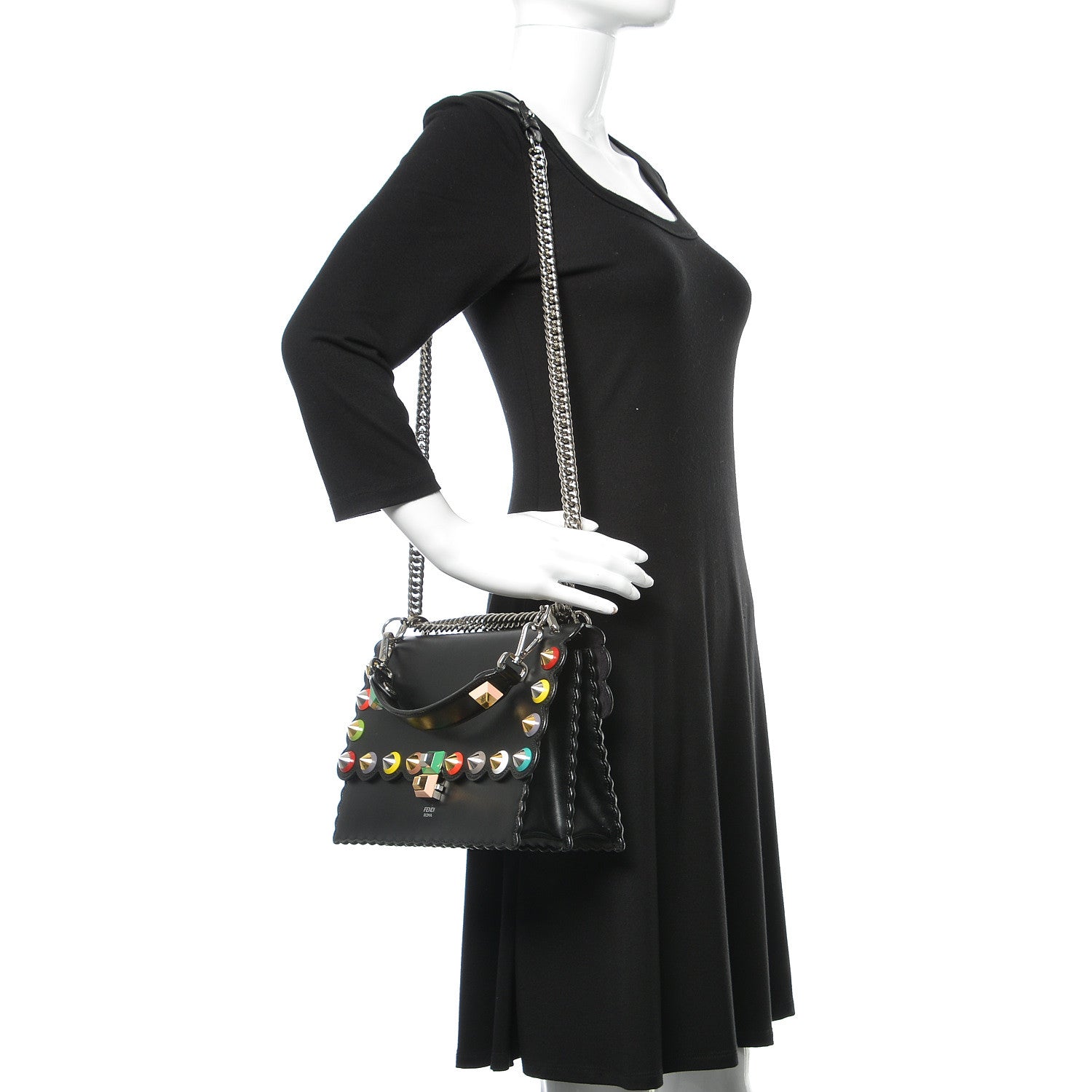 Fendi Vitello Liberty Scalloped Spike Studded Kan I Shoulder Bag Black Multicolor 2 of 10
