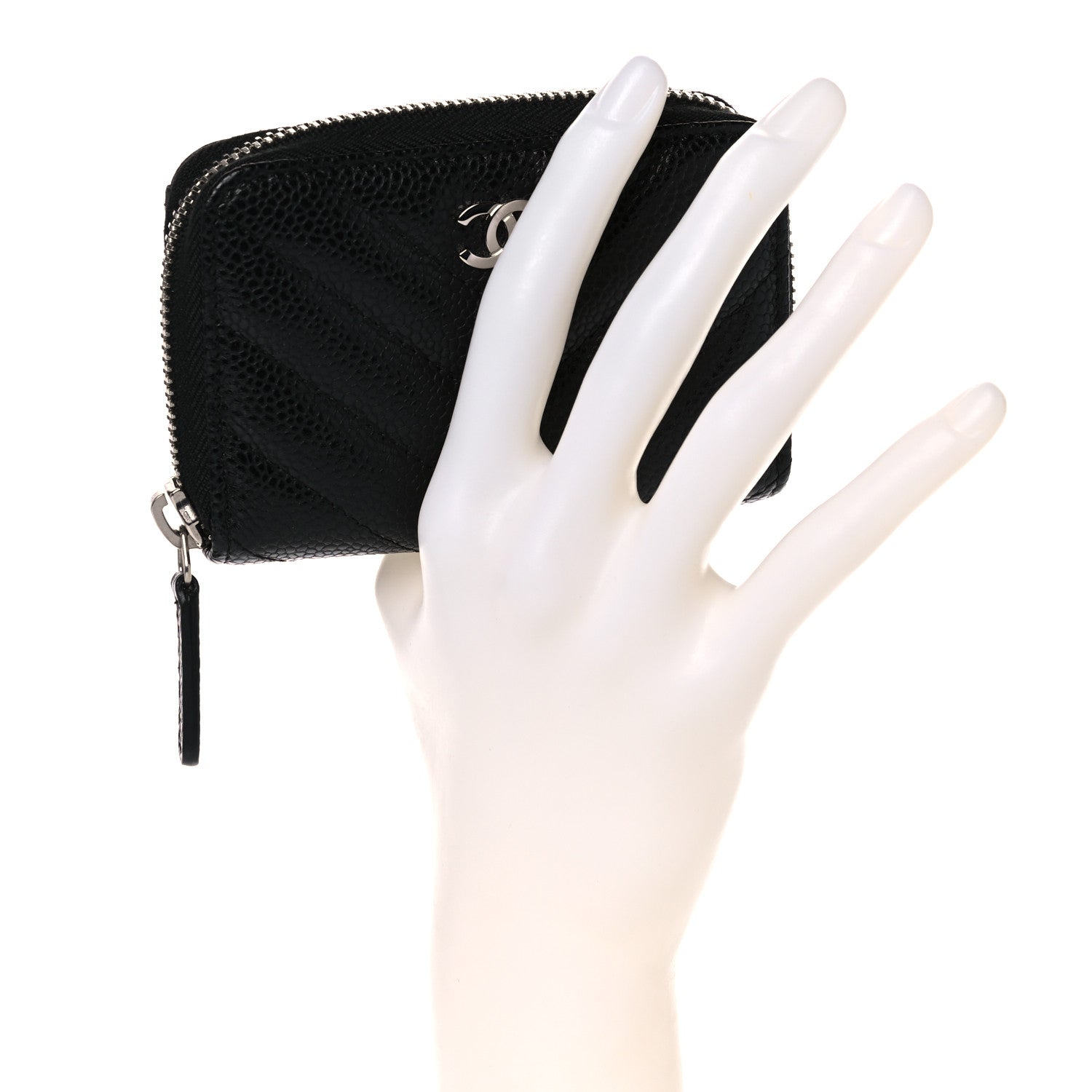 Chanel Caviar Chevron Quilted Zip Coin Purse Black 2 of 13