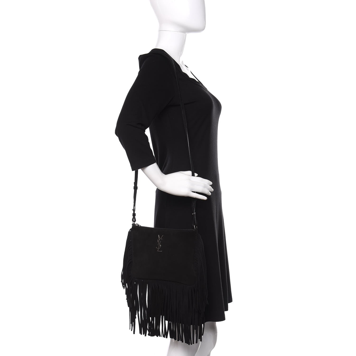 Saint Laurent Suede Calfskin Small Fringe Crossbody Bag Black 2 of 10