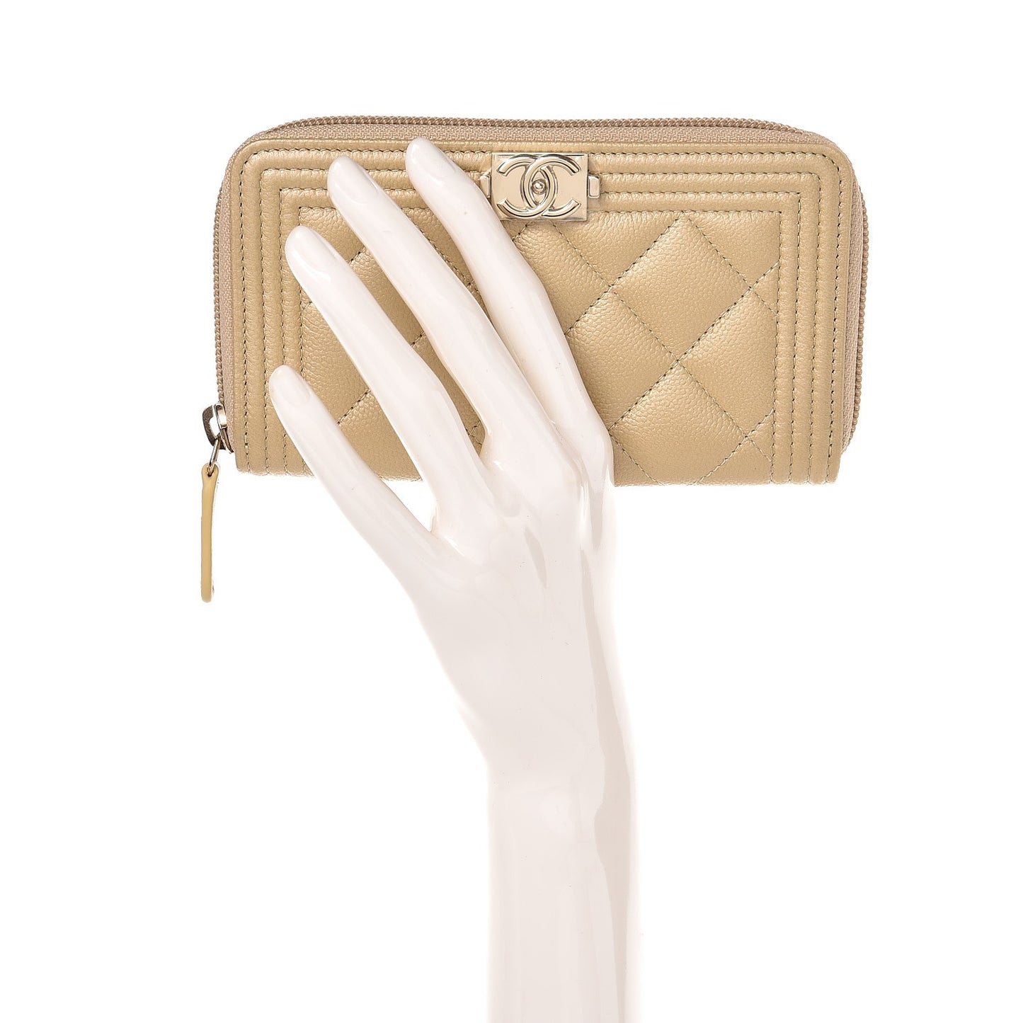 Metallic Caviar Quilted Small Boy Zip Around Wallet Light Gold