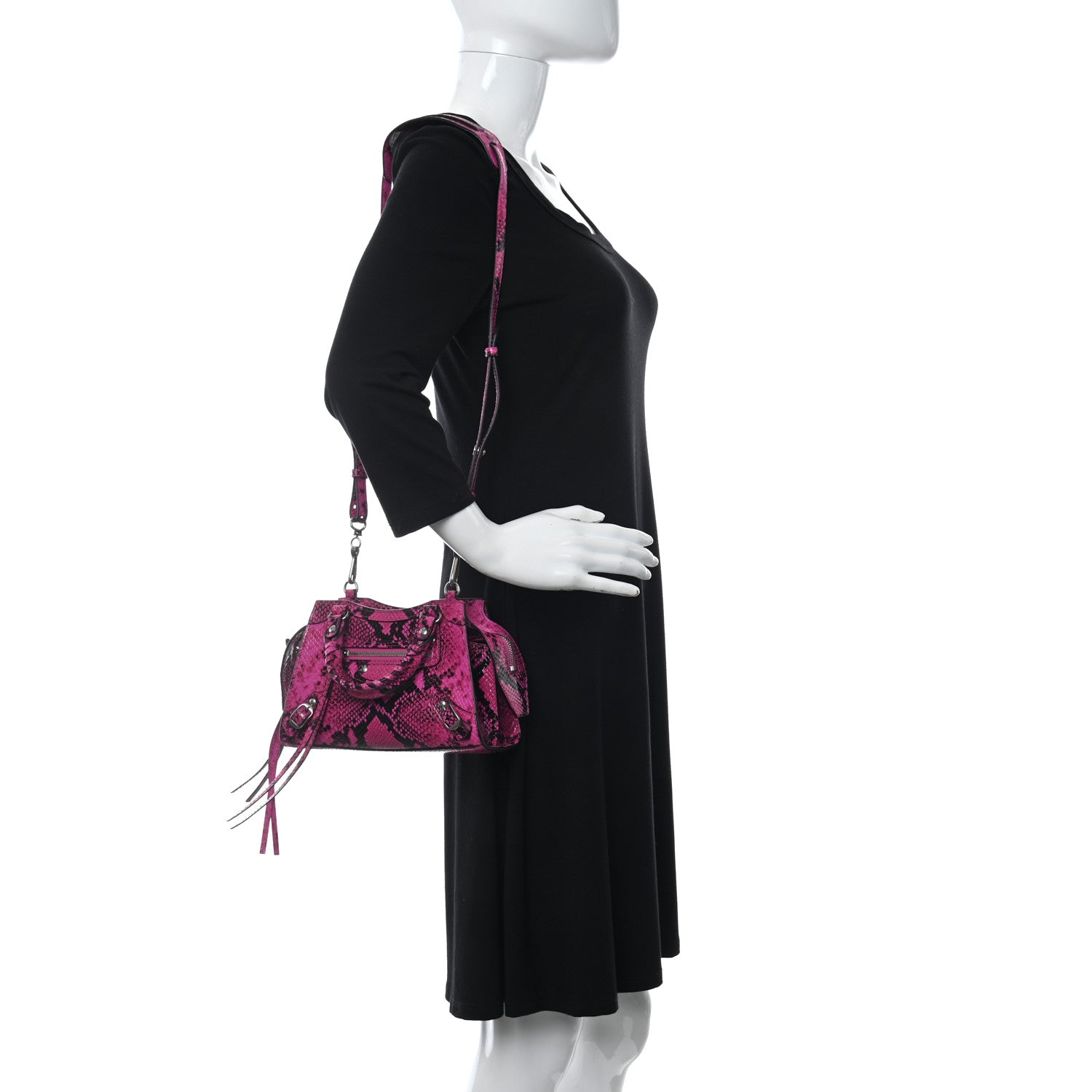 Balenciaga Calfskin Python Effect Neo Classic Silver Hardware Mini City Fuchsia Black 2 of 11