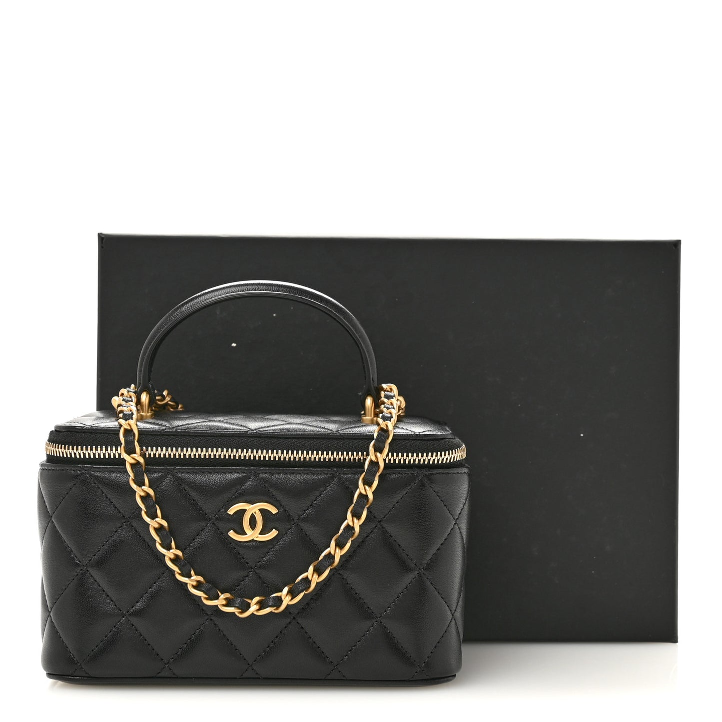 Lambskin Quilted Small Top Handle Vanity Case With Chain Black