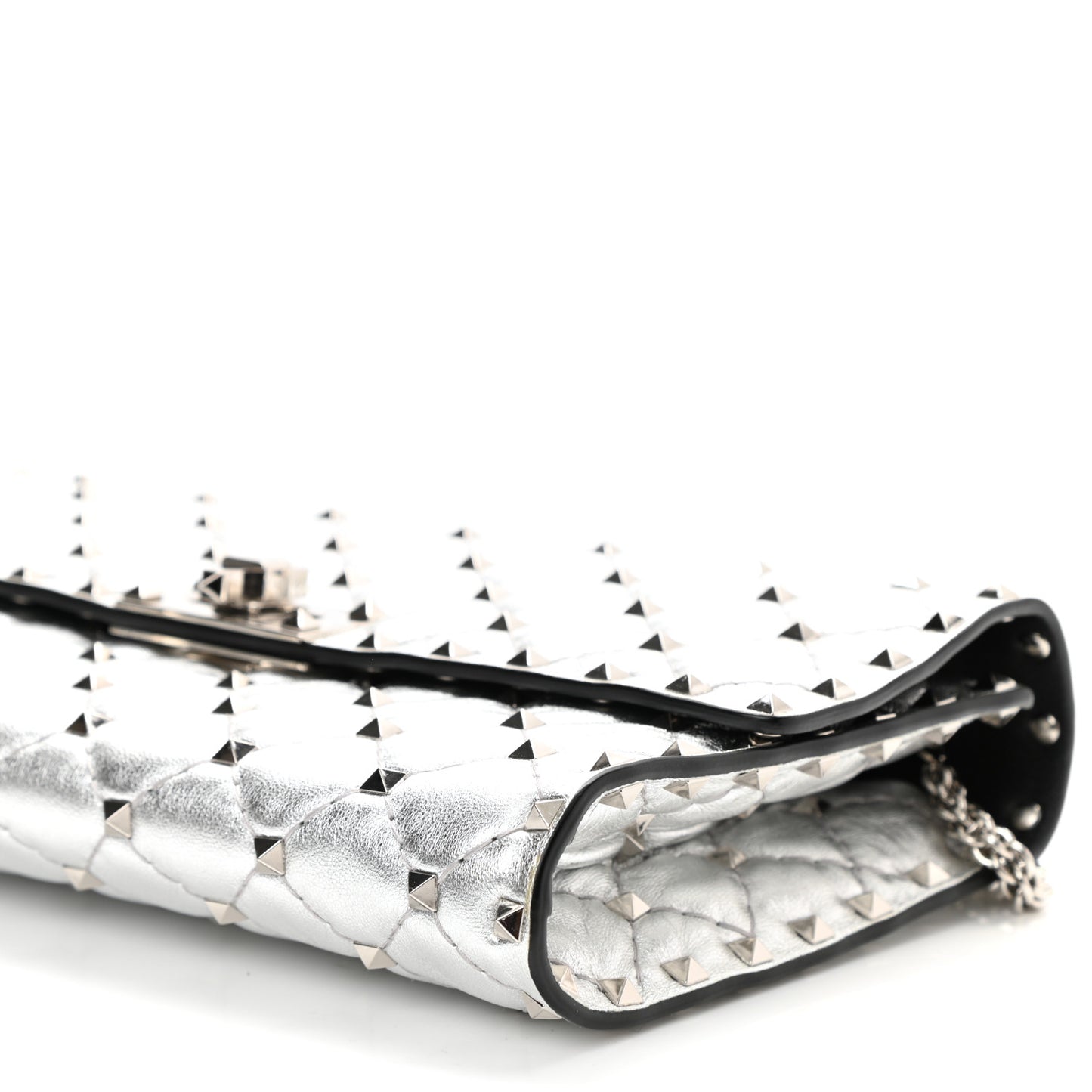 Metallic Lambskin Rockstud Spike Wallet on Chain Silver