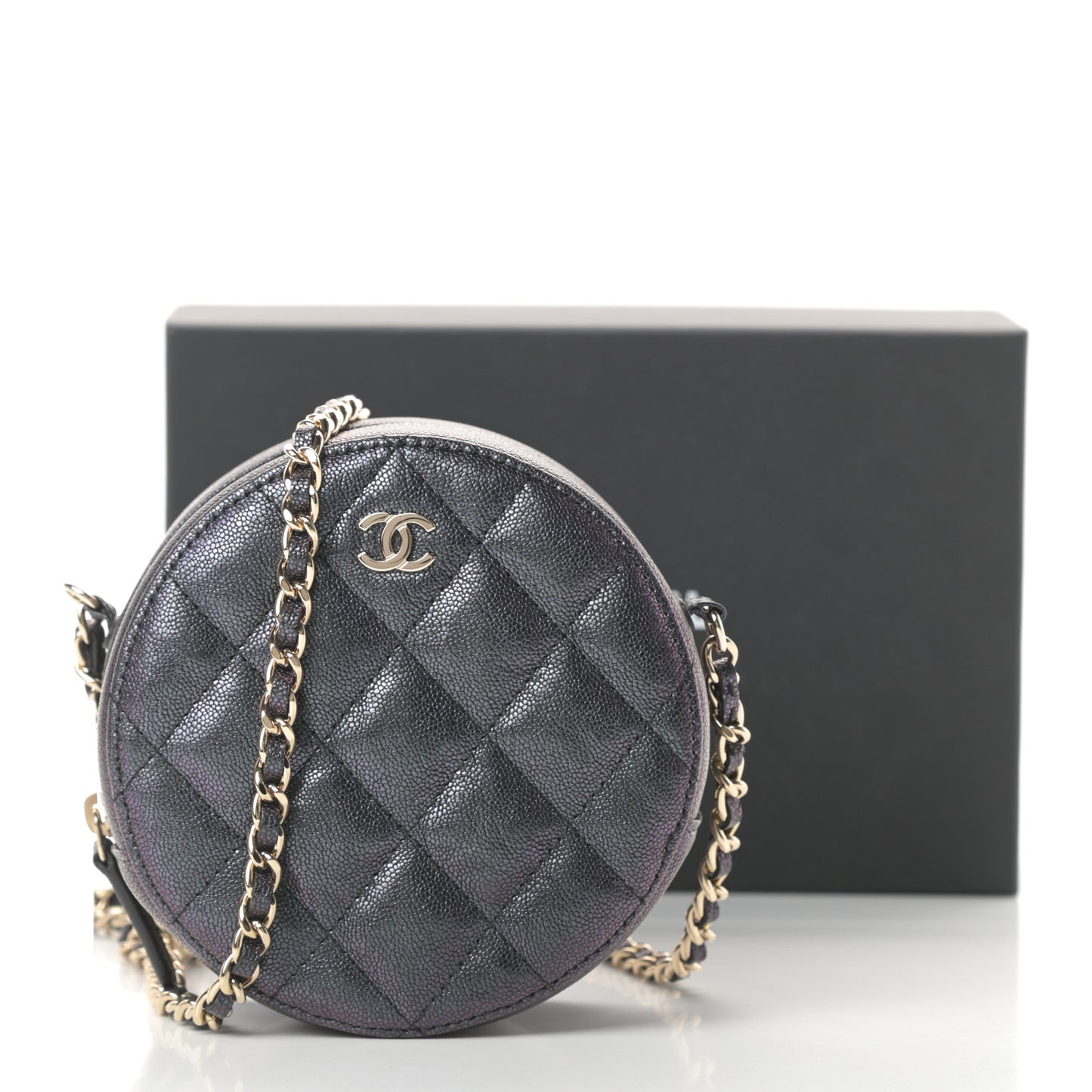 Iridescent Caviar Quilted Round Clutch With Chain Black
