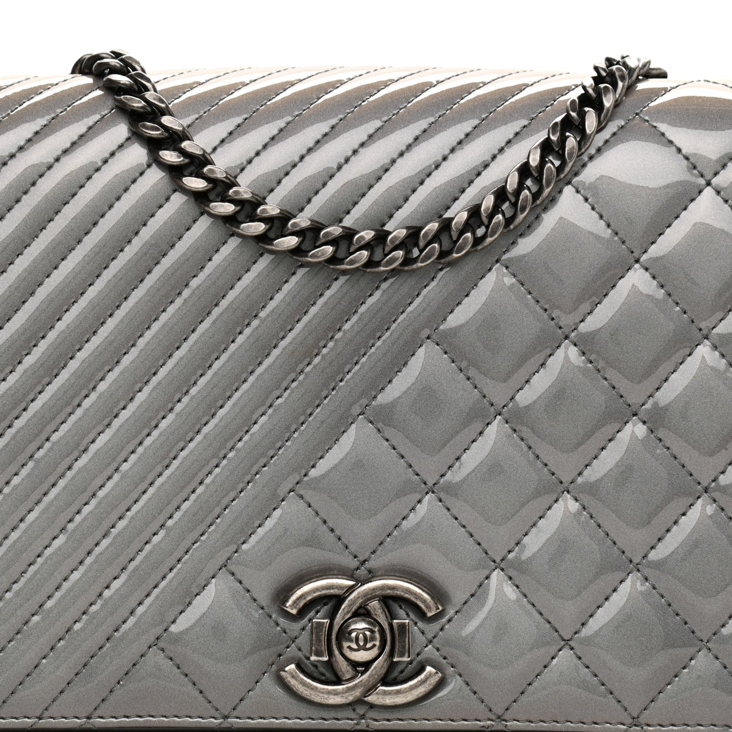 Metallic Patent Quilted Medium Coco Boy Flap Dark Silver