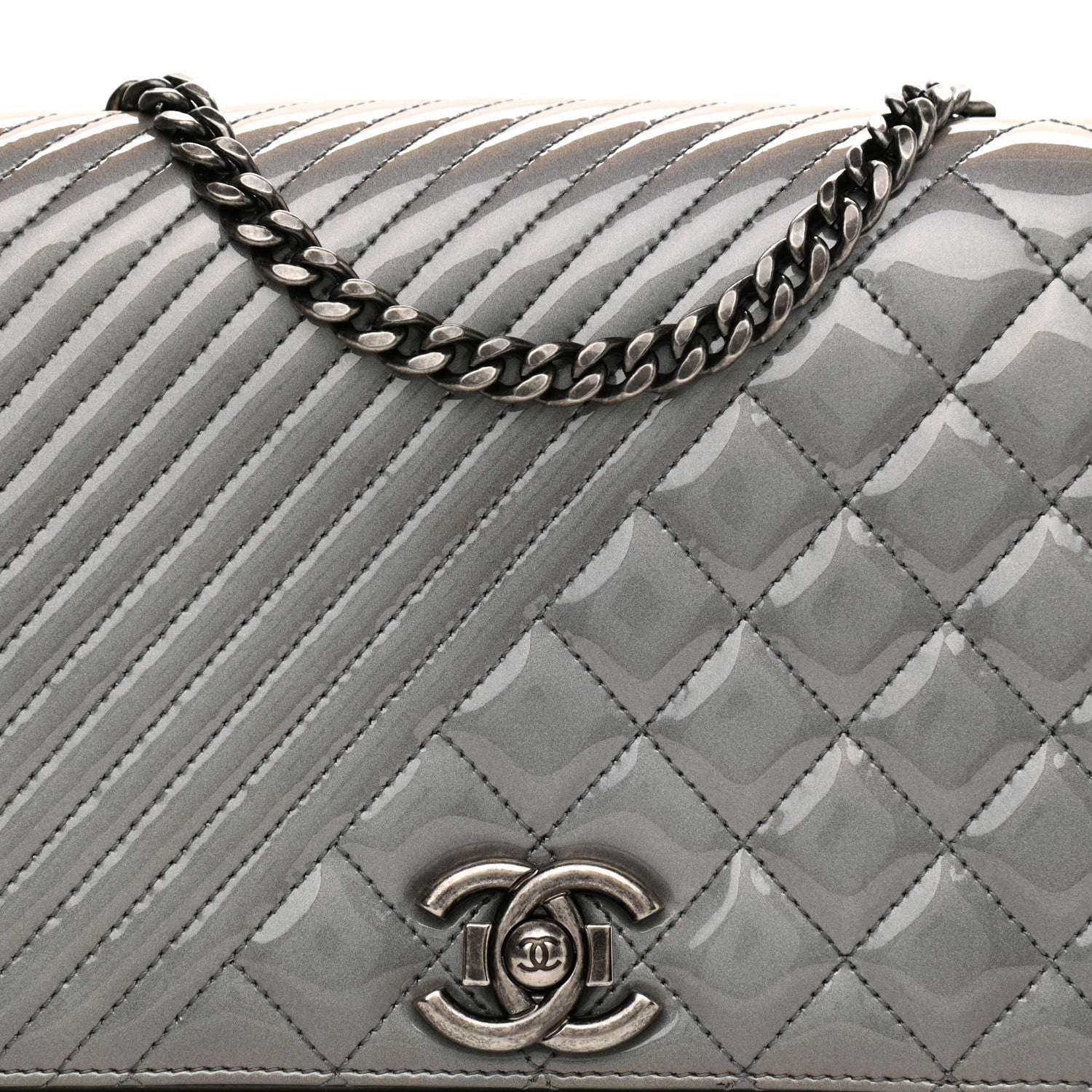 Chanel Metallic Patent Quilted Medium Coco Boy Flap Dark Silver 8 of 11