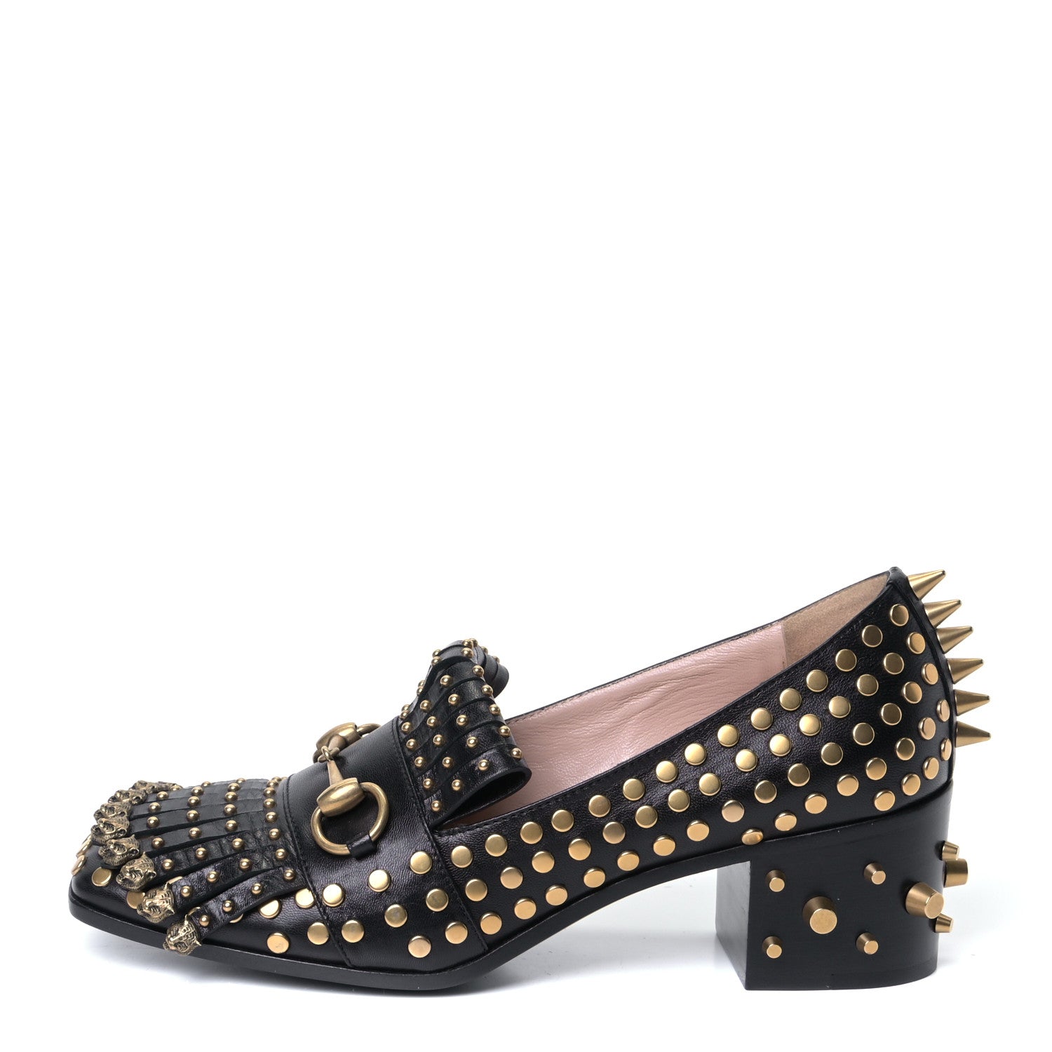 Gucci Malaga Kid Studded Polly Fringe 55mm Loafer Pumps 37.5 Black 1 of 8