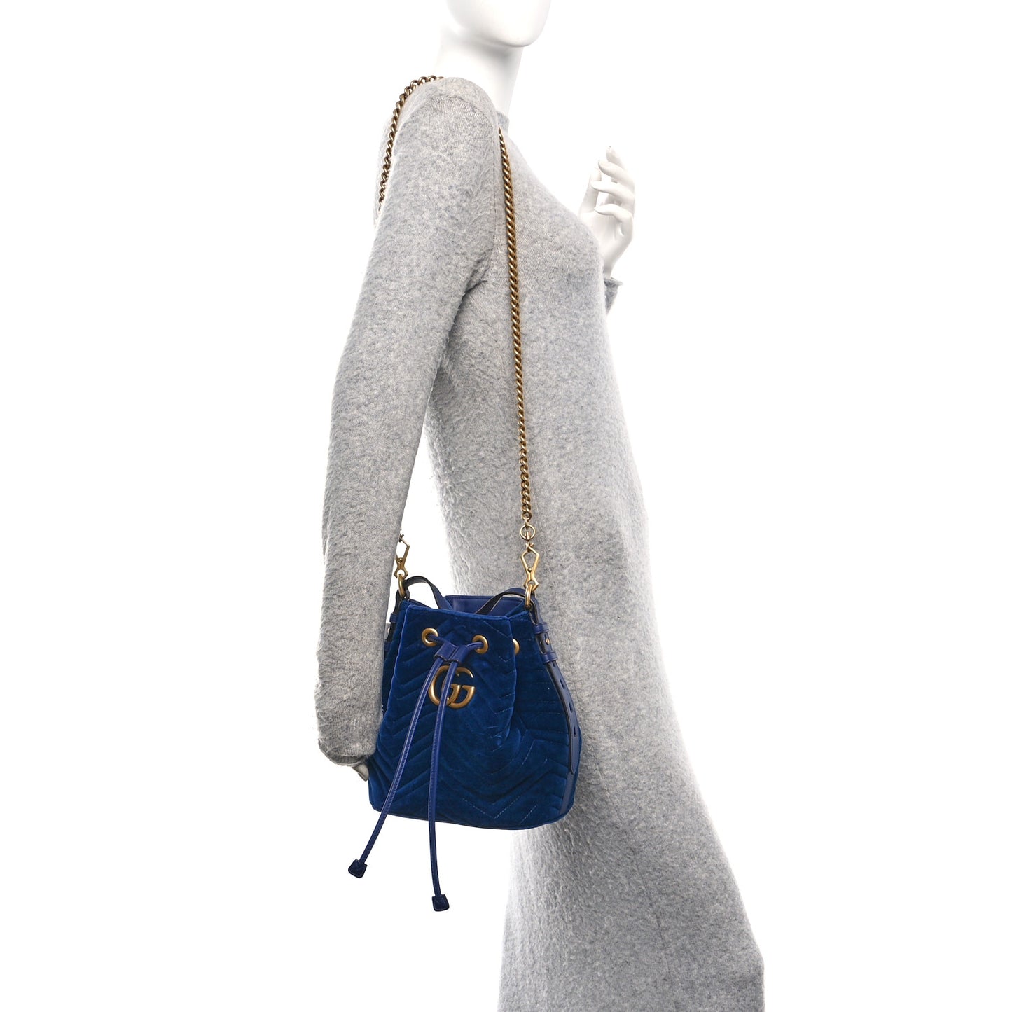 Velvet Matelasse GG Marmont Bucket Bag Cobalt Blue