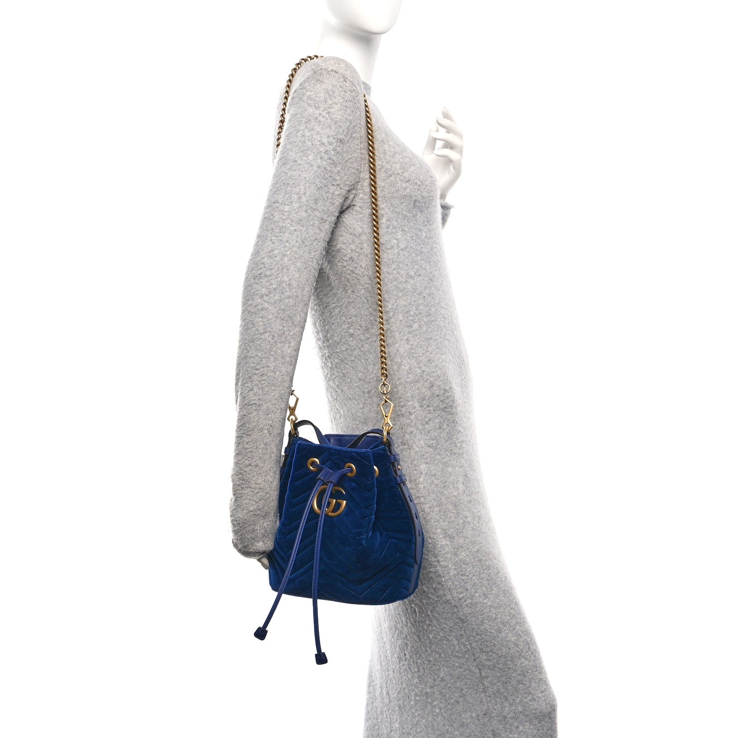 Gucci Velvet Matelasse GG Marmont Bucket Bag Cobalt Blue 3 of 10