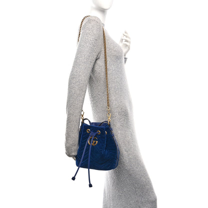 Gucci Velvet Matelasse GG Marmont Bucket Bag Cobalt Blue 3 of 10