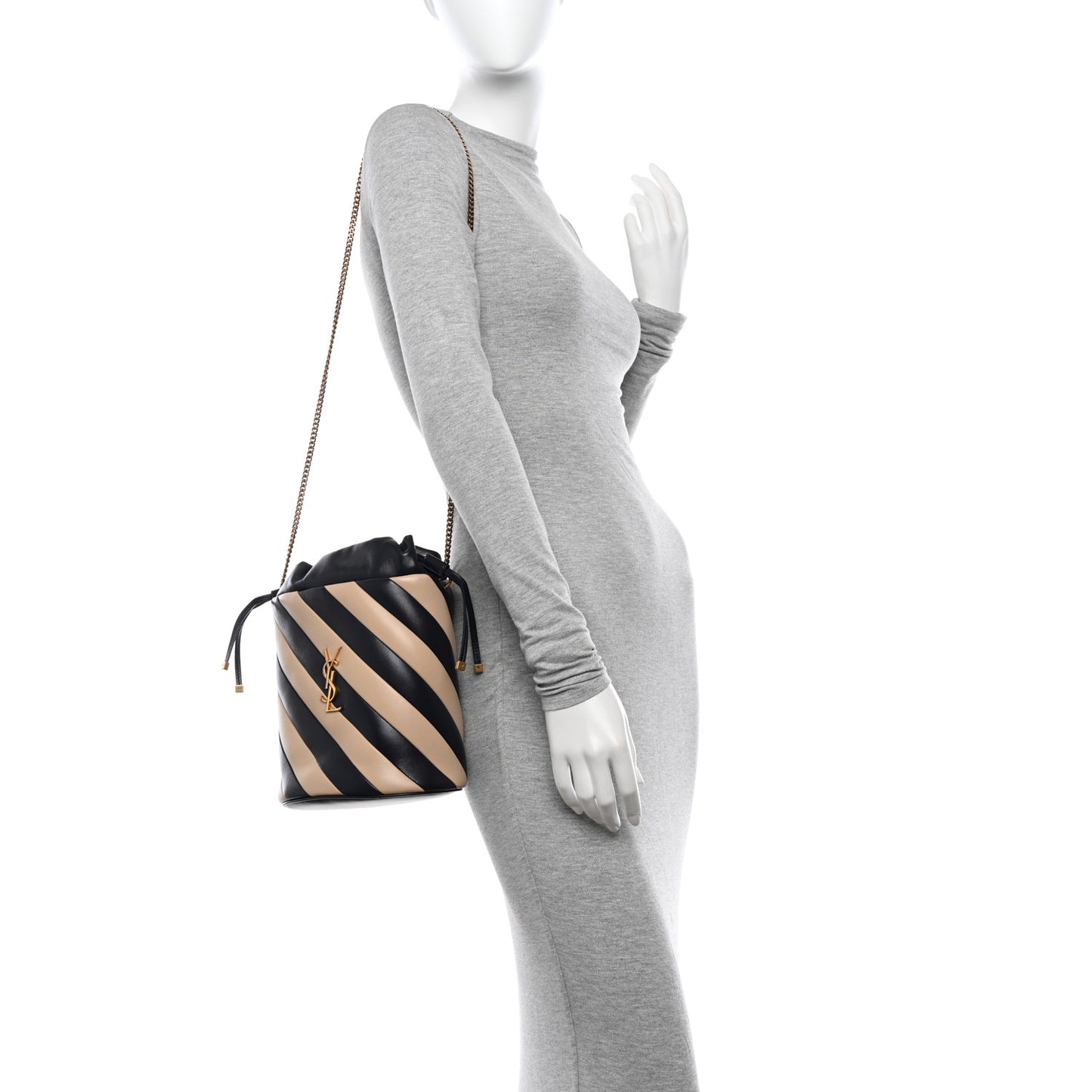 Lambskin Striped Drawstring Bag Black Beige