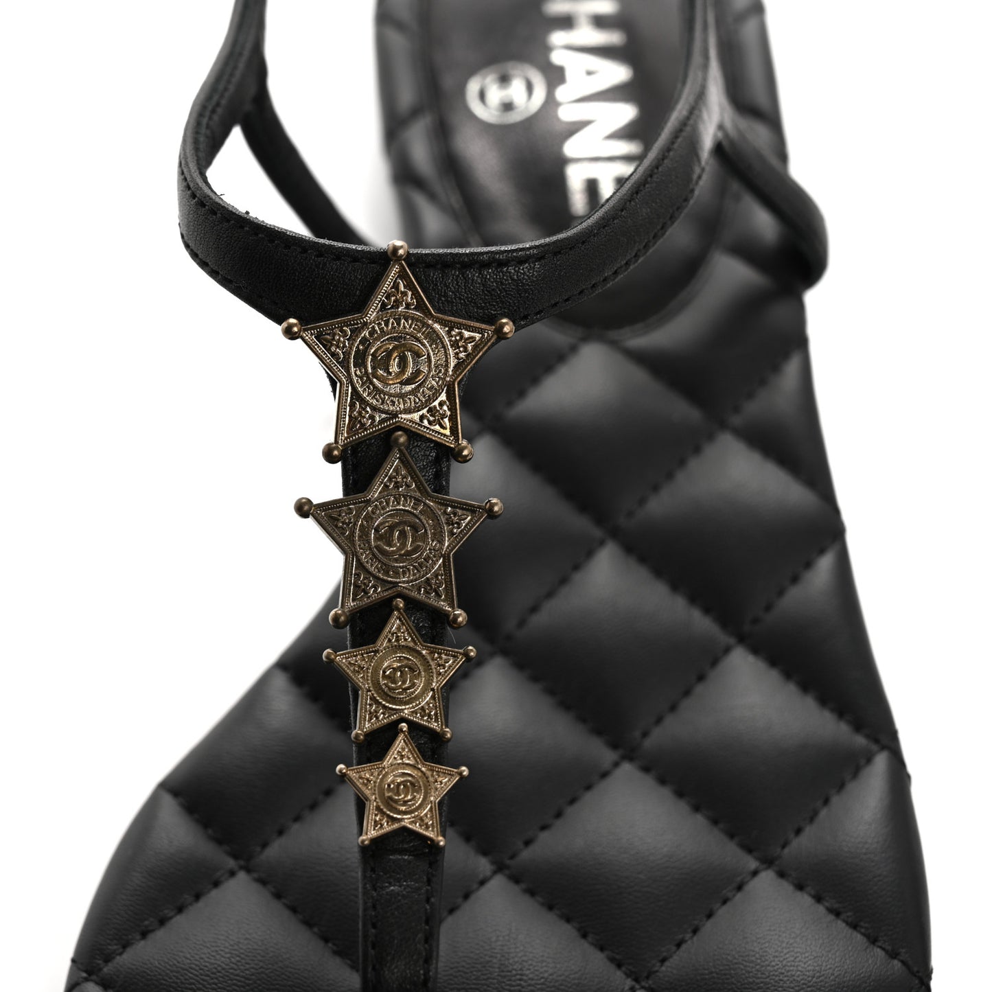 Calfskin Paris Dallas Quilted Star CC Thong Sandals 37 Black