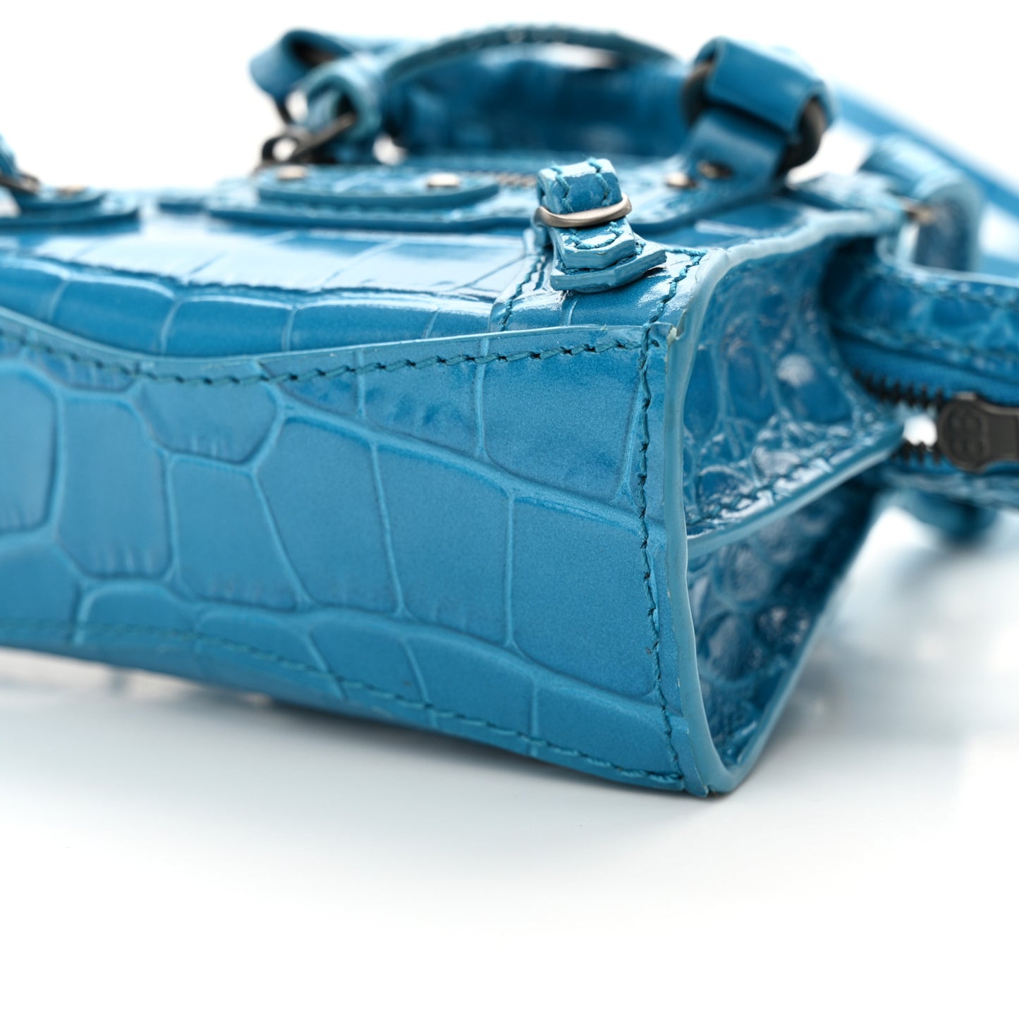 Extra Supple Calfskin Crocodile Embossed Neo Classic Silver Hardware Super Nano City Crossbody Cyan