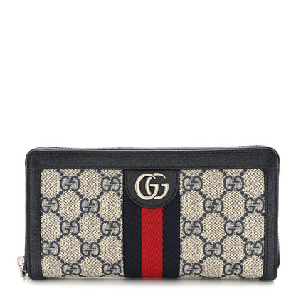 Gucci GG Supreme Monogram Textured Dollar Calfskin Web Ophidia Zip Around Wallet Beige Blue 1 of 8