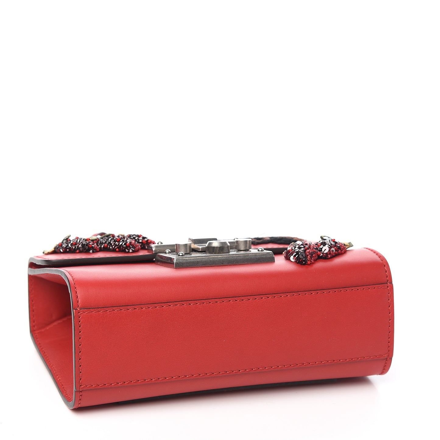 Calfskin Bee Embroidered Small Padlock Shoulder Bag Hibiscus Red