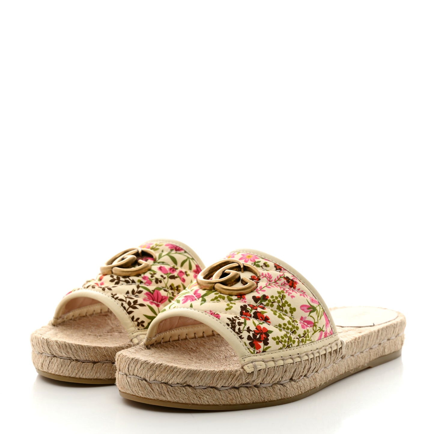 Nappa Matelasse Diagonal Floral Print GG Marmont Pilar Espadrille Slide Sandals 37.5 Ivory Pink