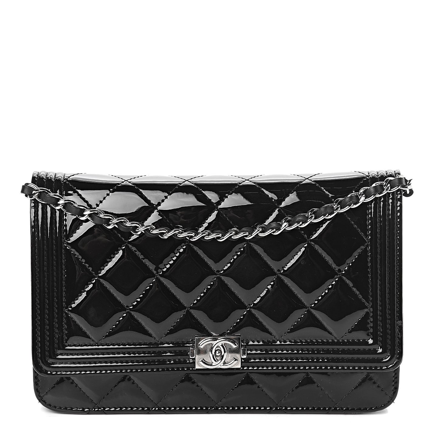 Patent Calfskin Quilted Boy Wallet On Chain WOC Black