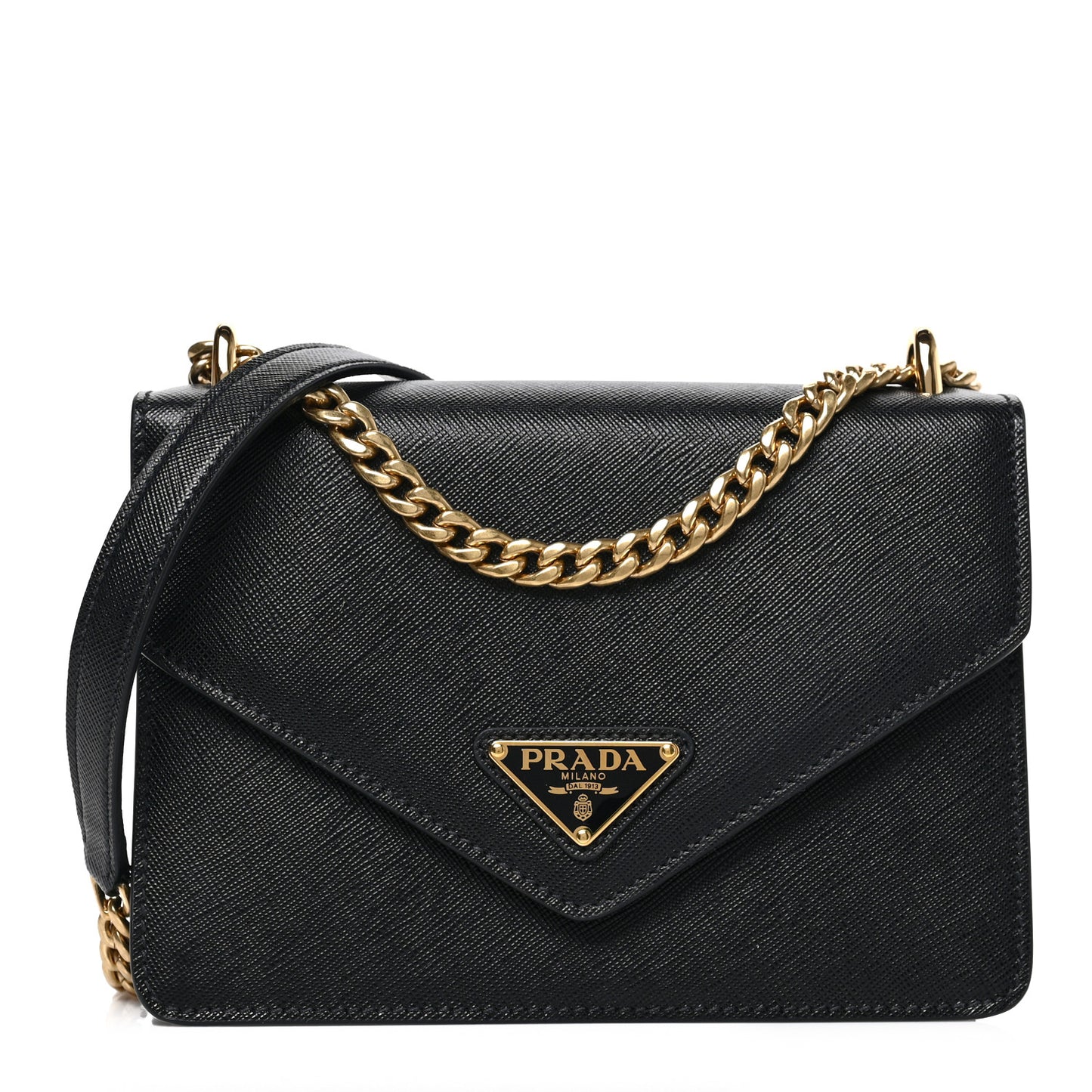 Saffiano Soft Calfskin Metal Triangle Logo Envelope Chain Shoulder Bag Black