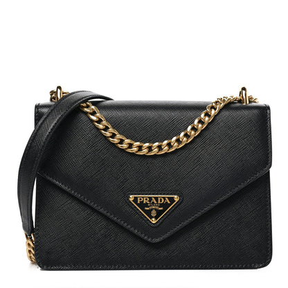 Prada Saffiano Soft Calfskin Metal Triangle Logo Envelope Chain Shoulder Bag Black 1 of 8