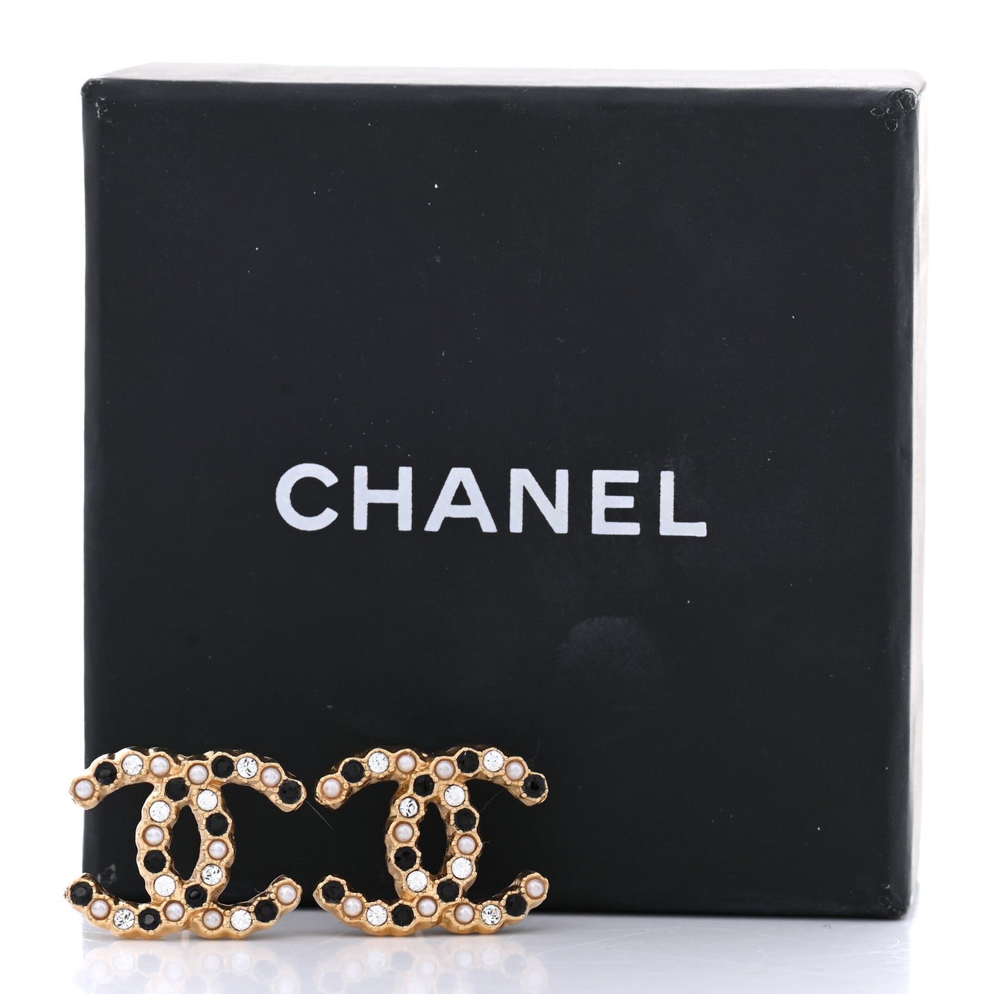 Resin Pearl Crystal CC Earrings Gold Black