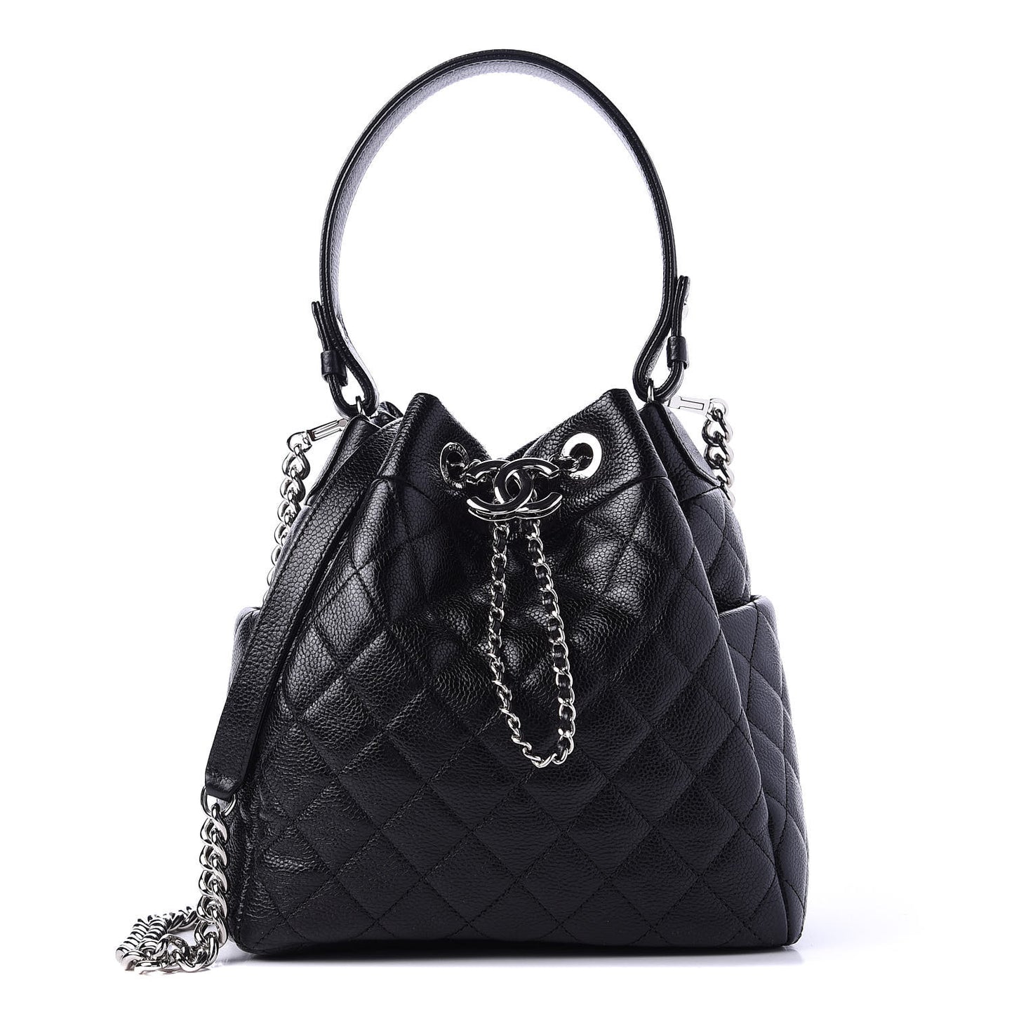 Grained Calfskin Quilted CC Chain Bucket Drawstring Bag Black