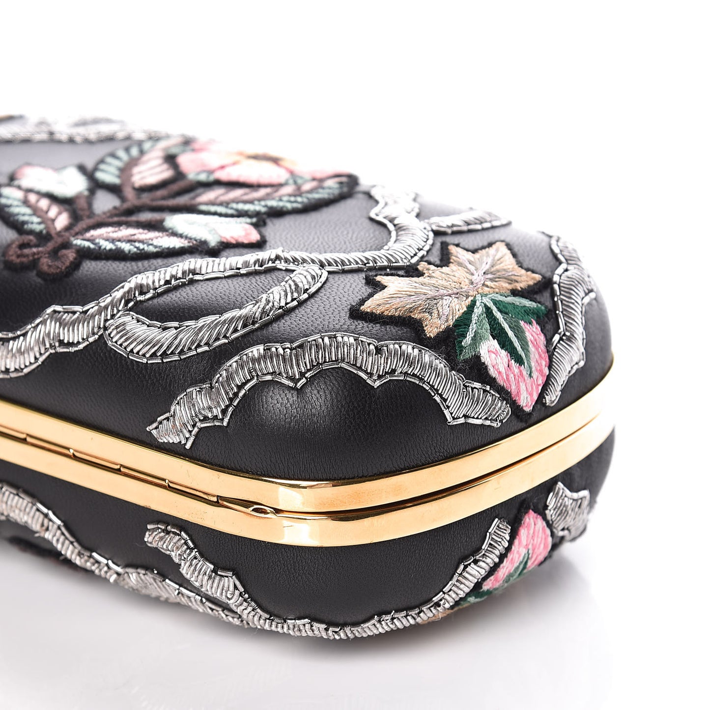 Nappa Embroidered Flower Queen and King Skull Box Chain Clutch Black Multicolor