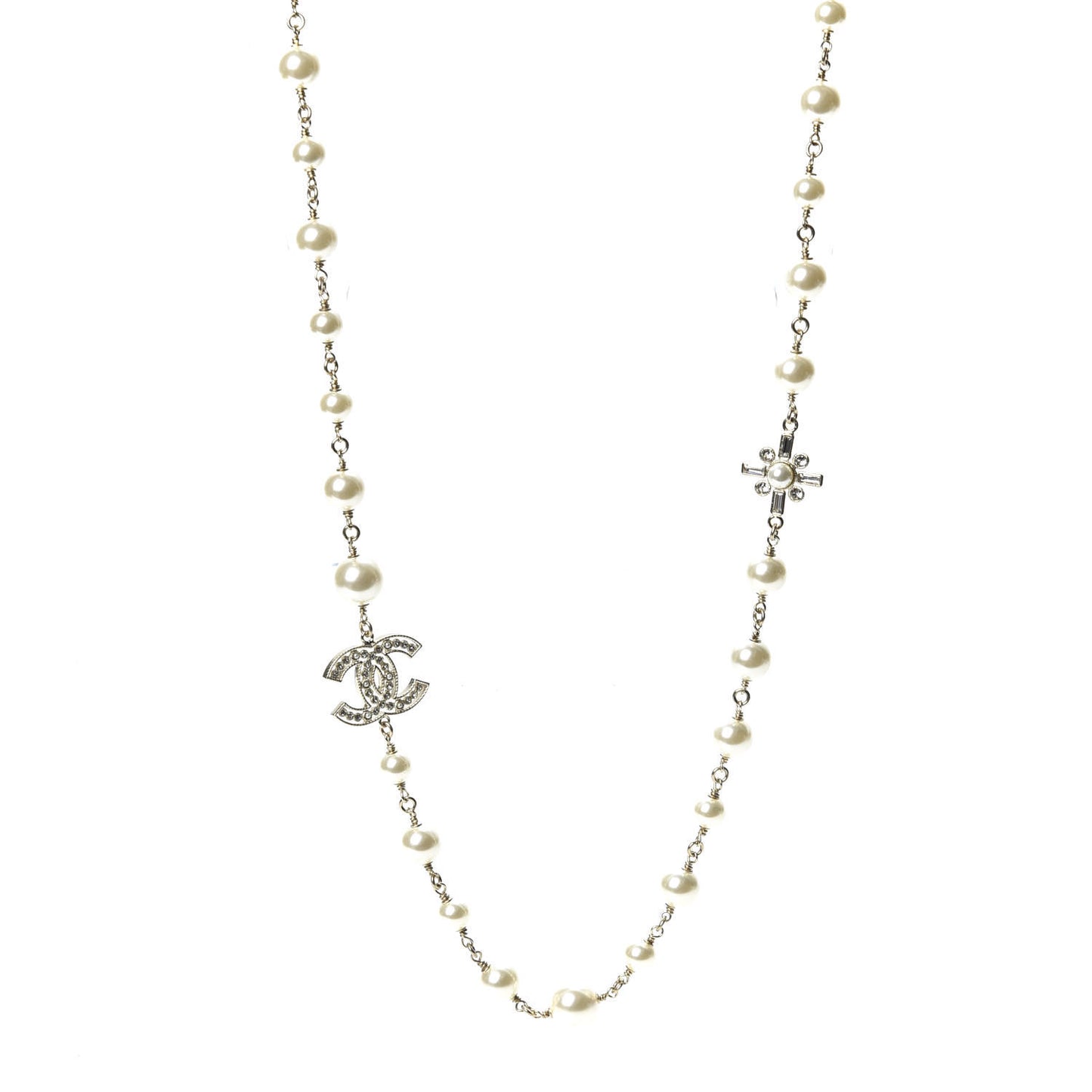 Crystal Pearl CC Long Necklace Silver