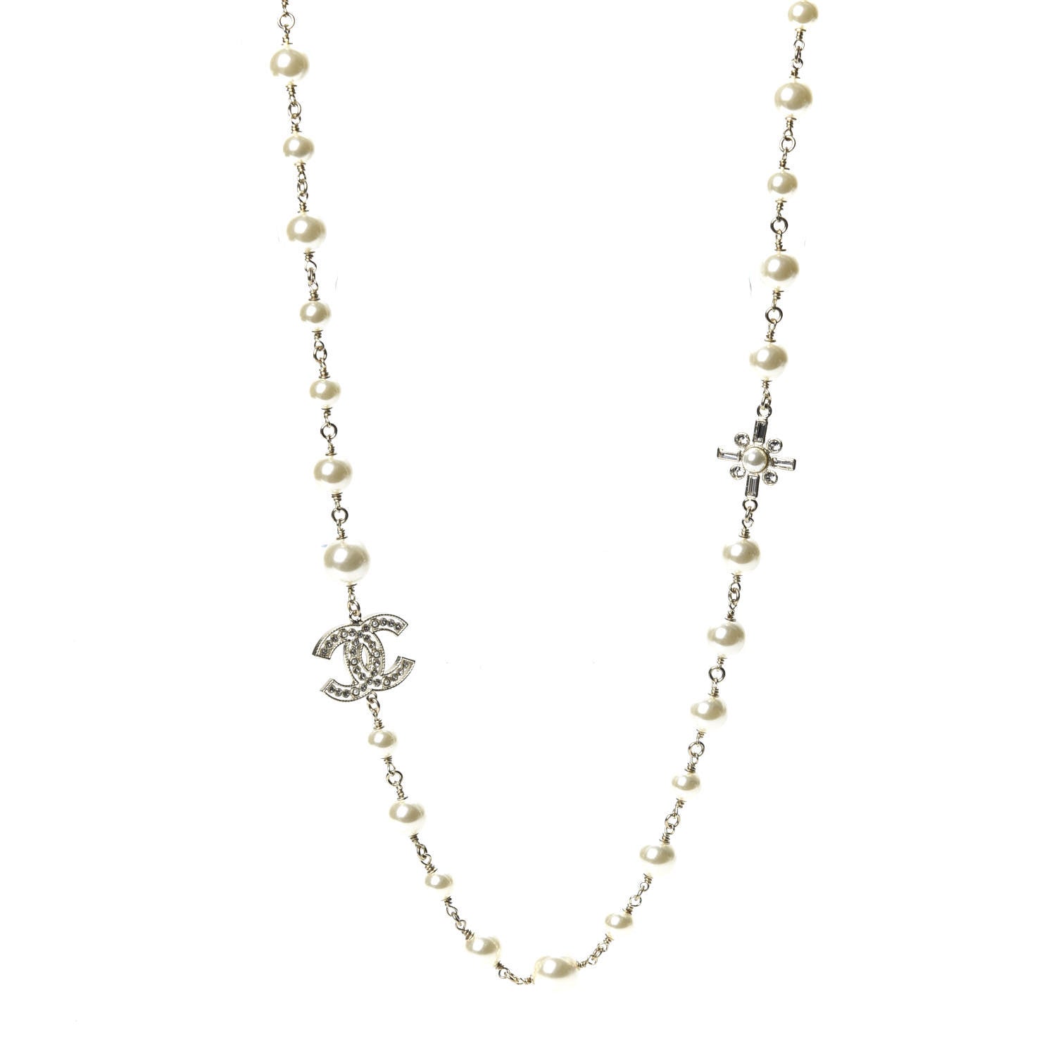Chanel Crystal Pearl CC Long Necklace Silver 3 of 6