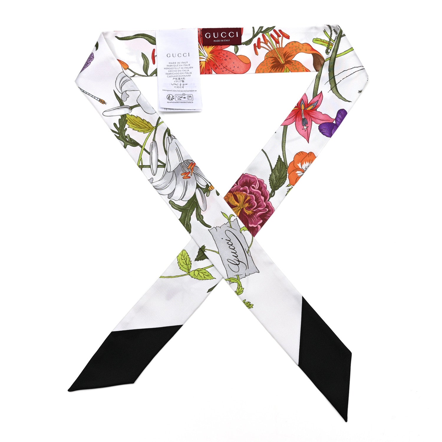 Gucci Silk Twill Flora Print Neck Bow Scarf White Multicolor 1 of 3