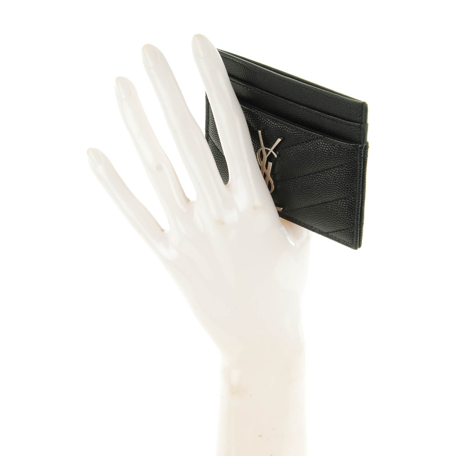 Saint Laurent Grain De Poudre Matelasse Chevron Monogram Credit Card Case Black 2 of 7