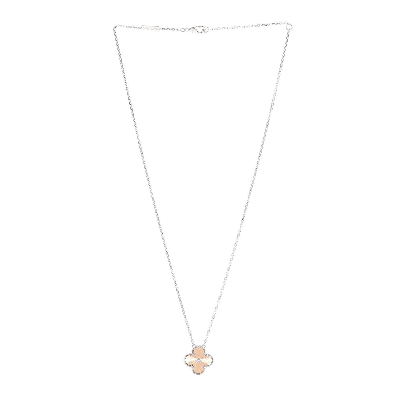 Van Cleef & Arpels 18K White Rose Gold Diamond Guilloche Vintage Alhambra Pendant Necklace 3 of 6