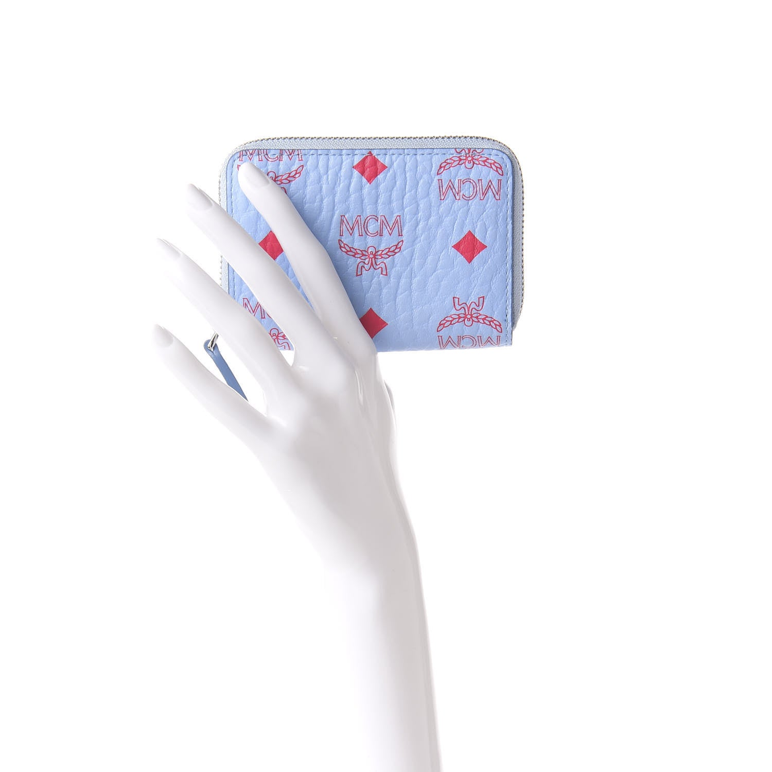 MCM Visetos Mini Zip Around Wallet Light Blue Red 2 of 6