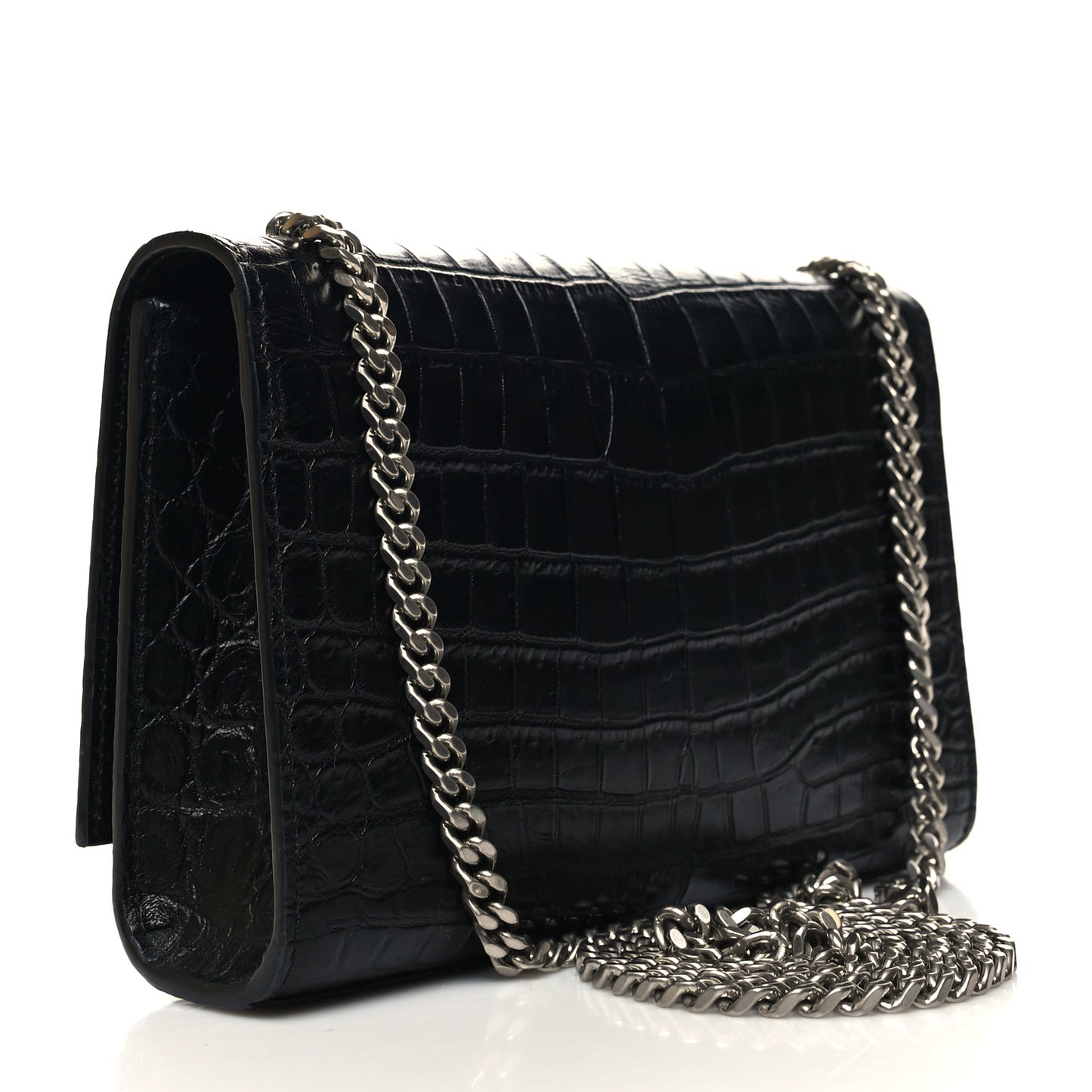 Calfskin Crocodile Embossed Small Classic Monogram Kate Tassel Satchel Black