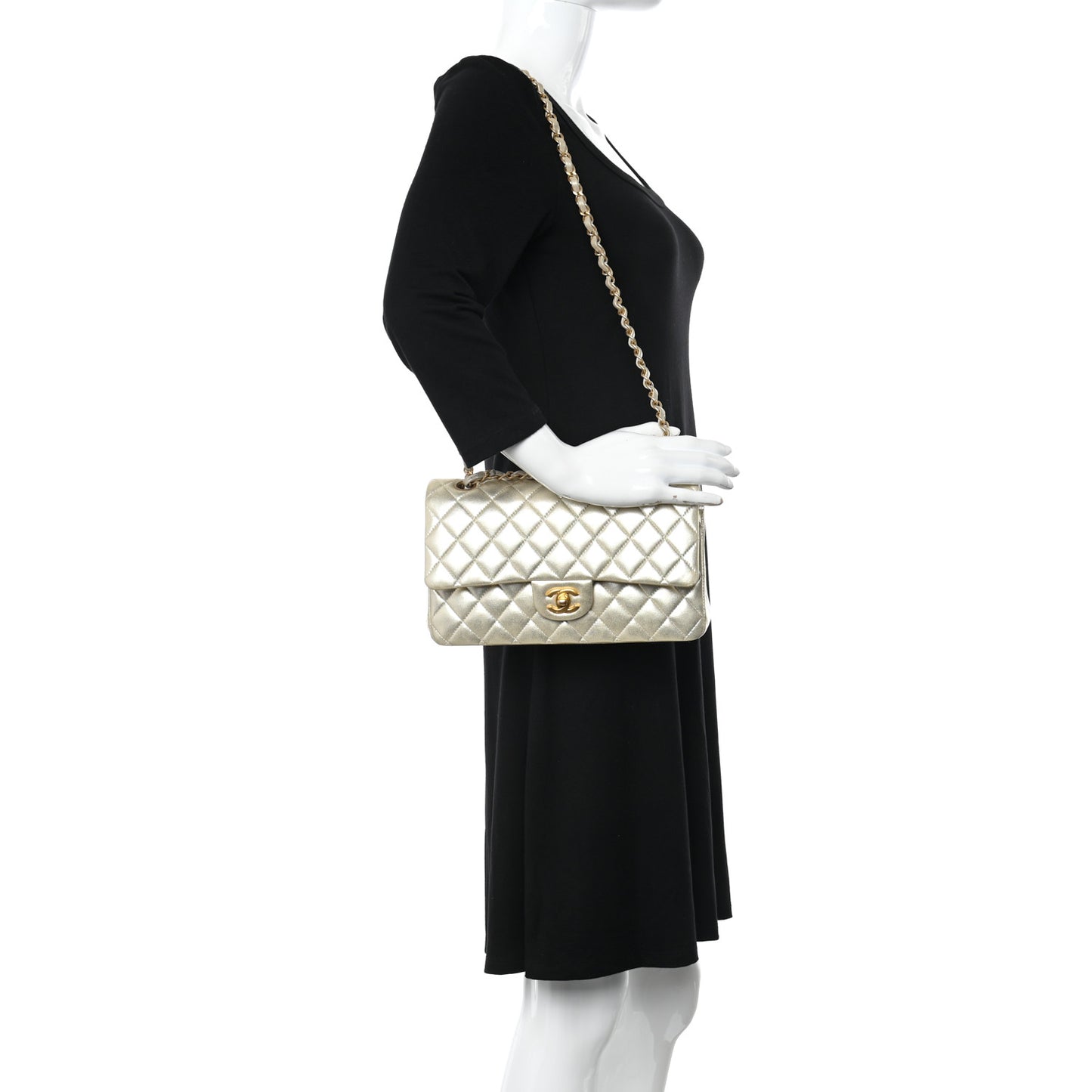 Metallic Lambskin Quilted Medium Double Flap Gold