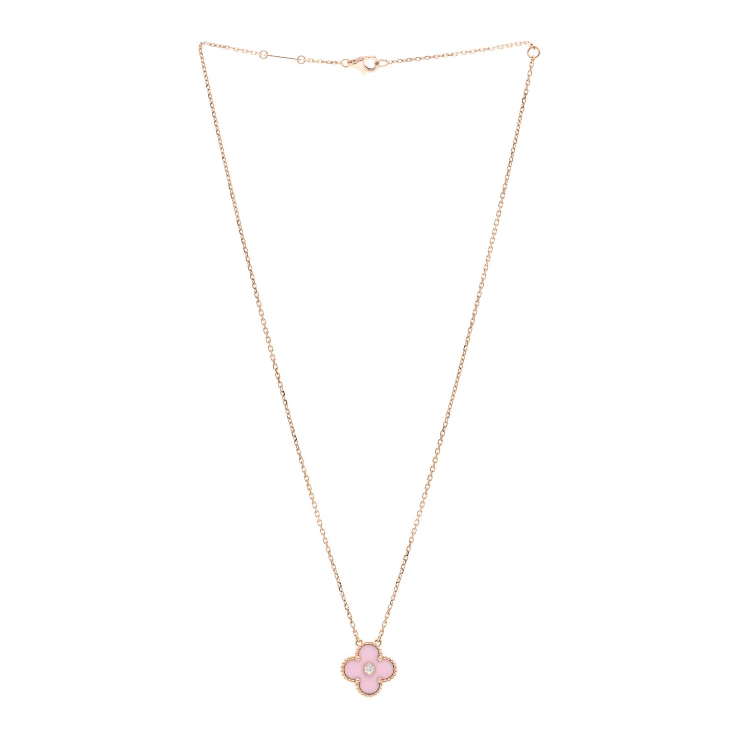 18K Rose Gold Diamond Pink Porcelain Vintage Alhambra Pendant Necklace