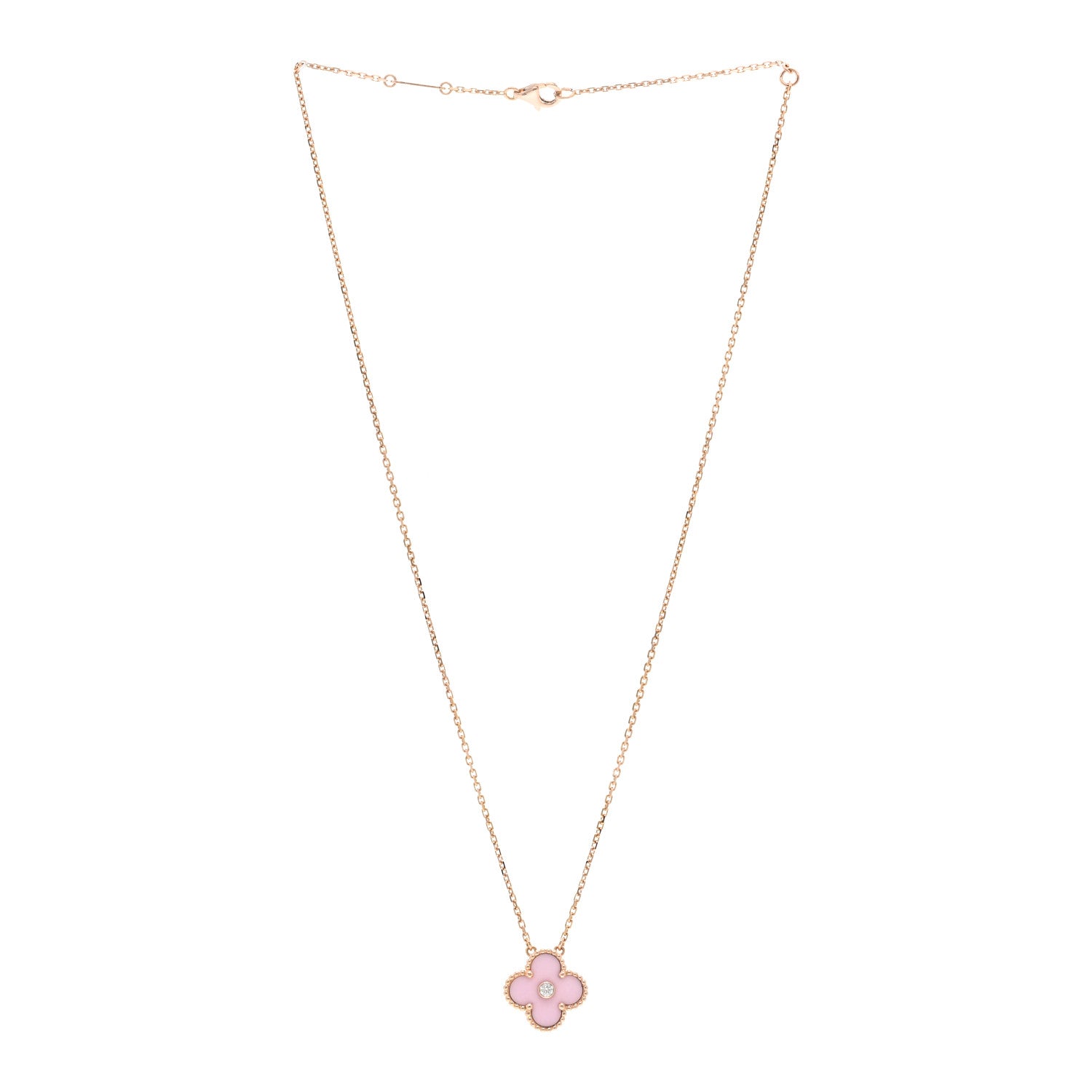 Van Cleef & Arpels 18K Rose Gold Diamond Pink Porcelain Vintage Alhambra Pendant Necklace 3 of 5