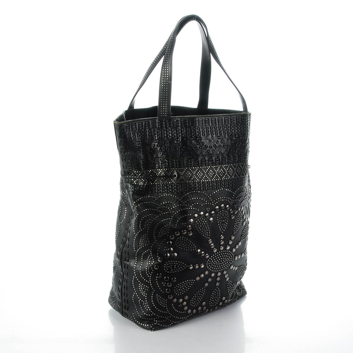 Calfskin Large Studded Drawstring Bucket Bag Black