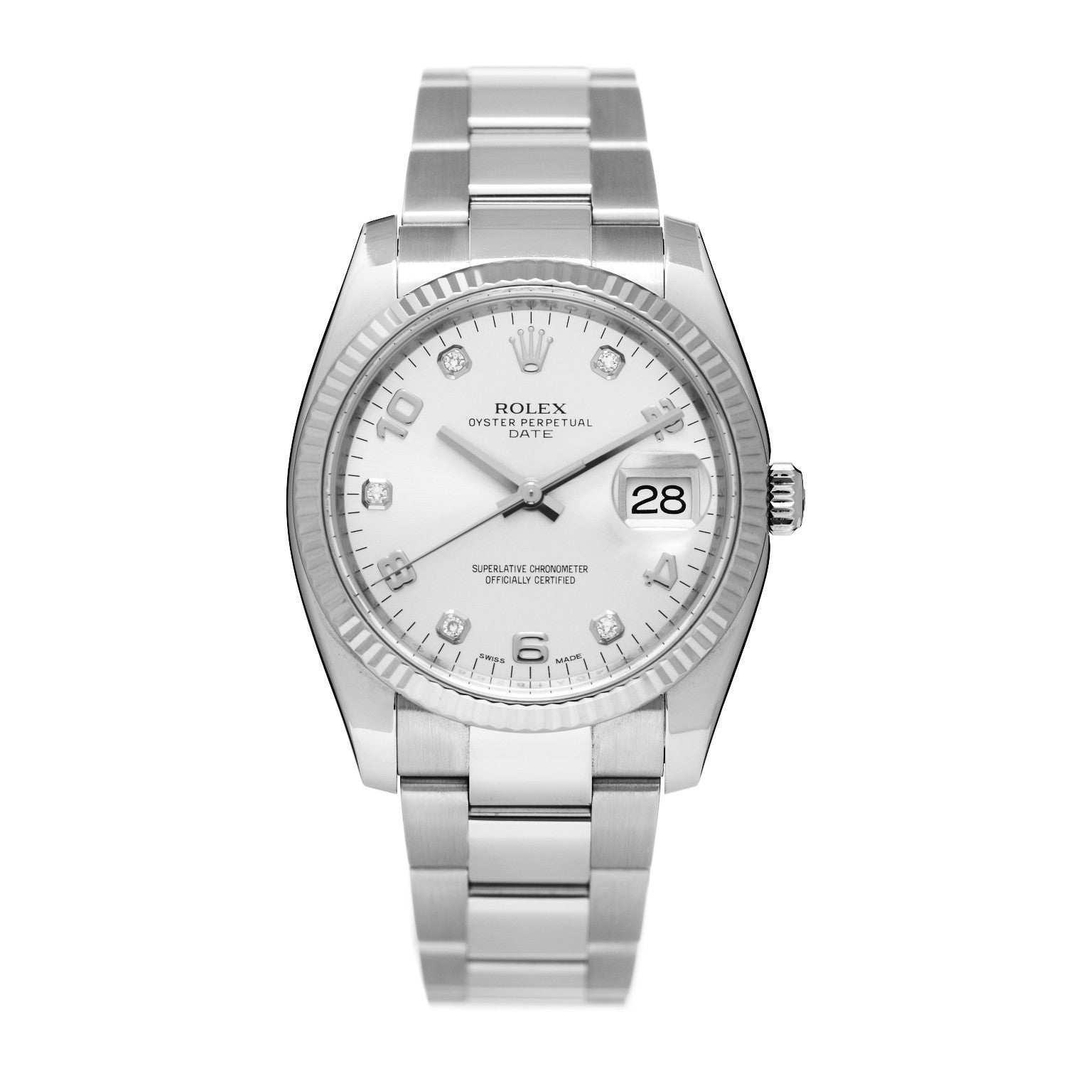 Rolex Stainless Steel 18K White Gold Diamond 34mm Oyster Perpetual Date Watch Silver 115234 1 of 4