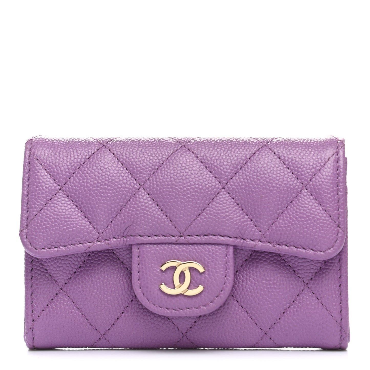 Caviar Quilted Flap Card Holder Wallet Purple
