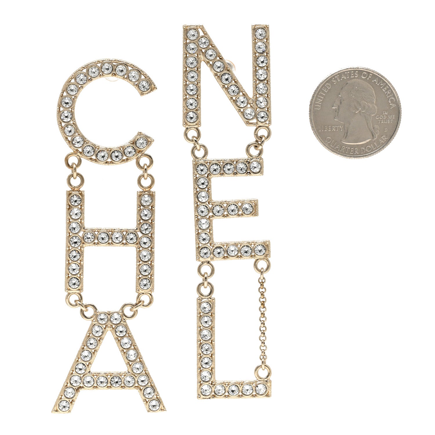 Chanel Crystal Cha-Nel Logo Drop Earrings Gold 2 of 5