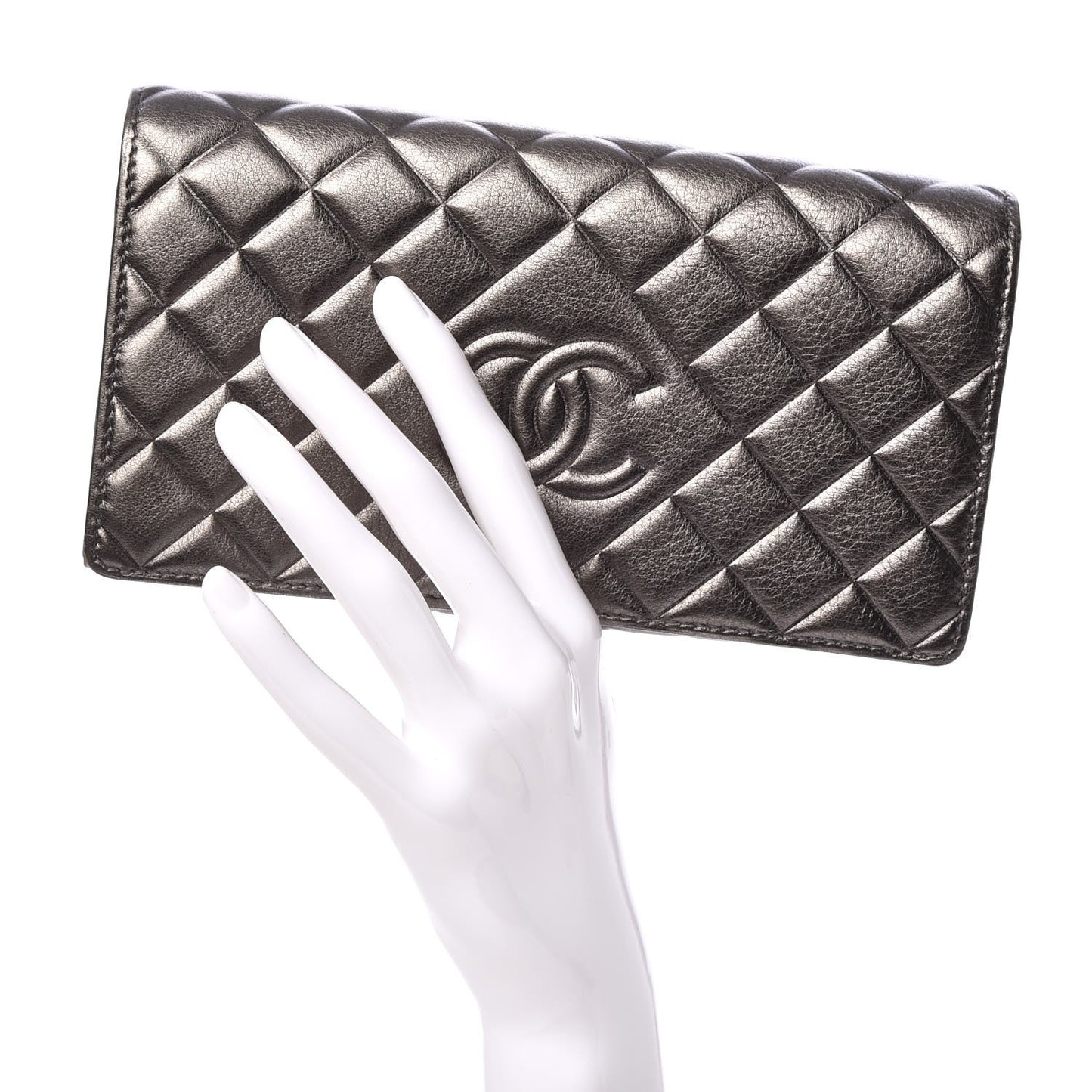 Calfskin Quilted Diamond CC Large Gusset Flap Wallet Dark Silver